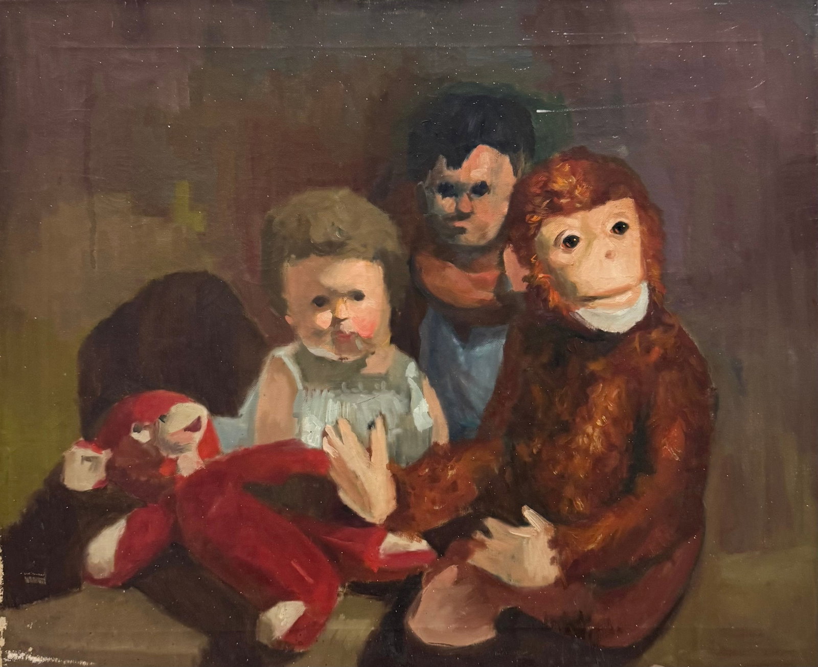 Vintage Dark Surrealism American School Still Life Of Dolls, Unsigned: Oil on canvas 24 x 20 in