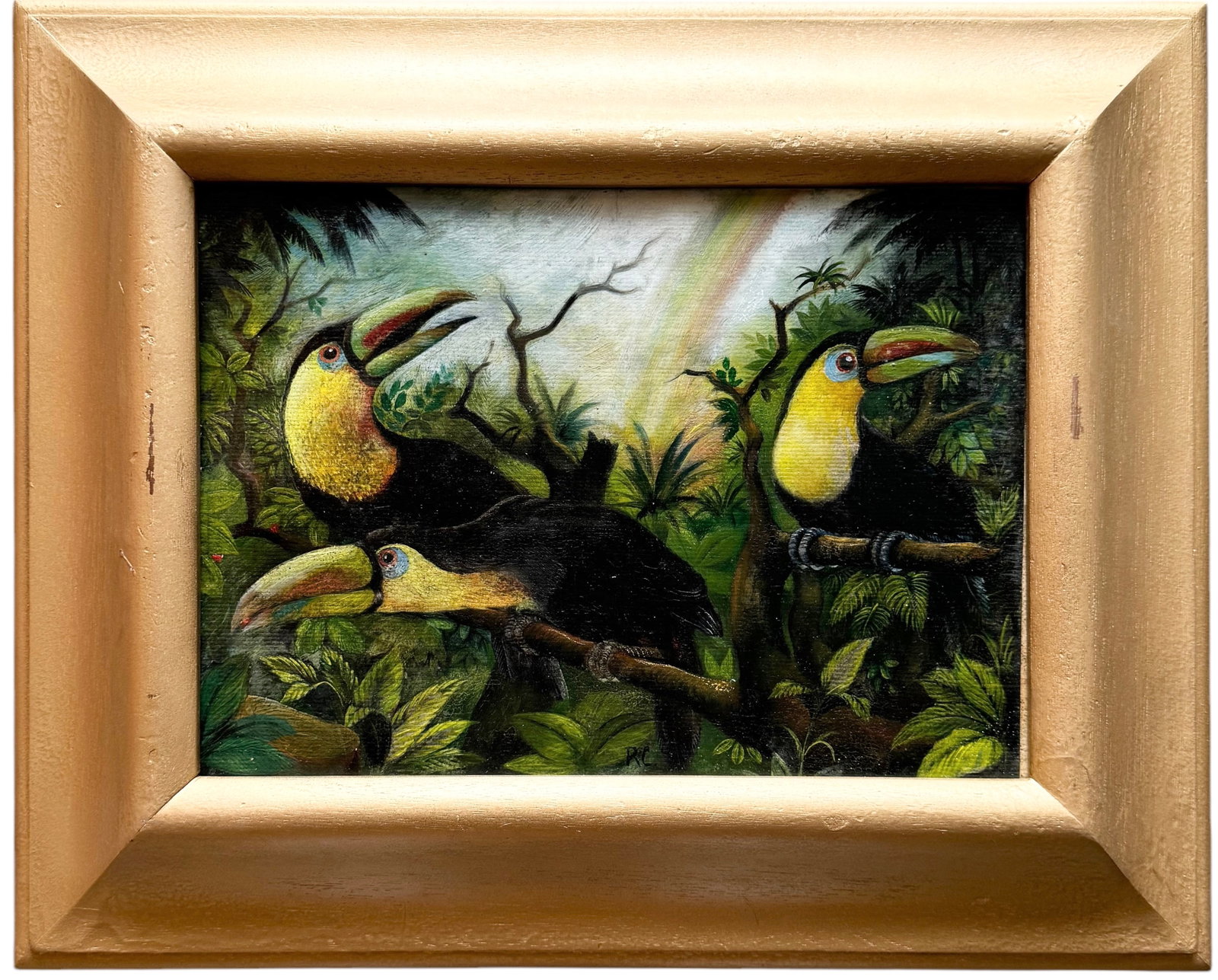 Mexican School Oil Painting Jungle Scene With Tucans: Oil on canvas 15 3/4 x 19 1/2 in (framed)