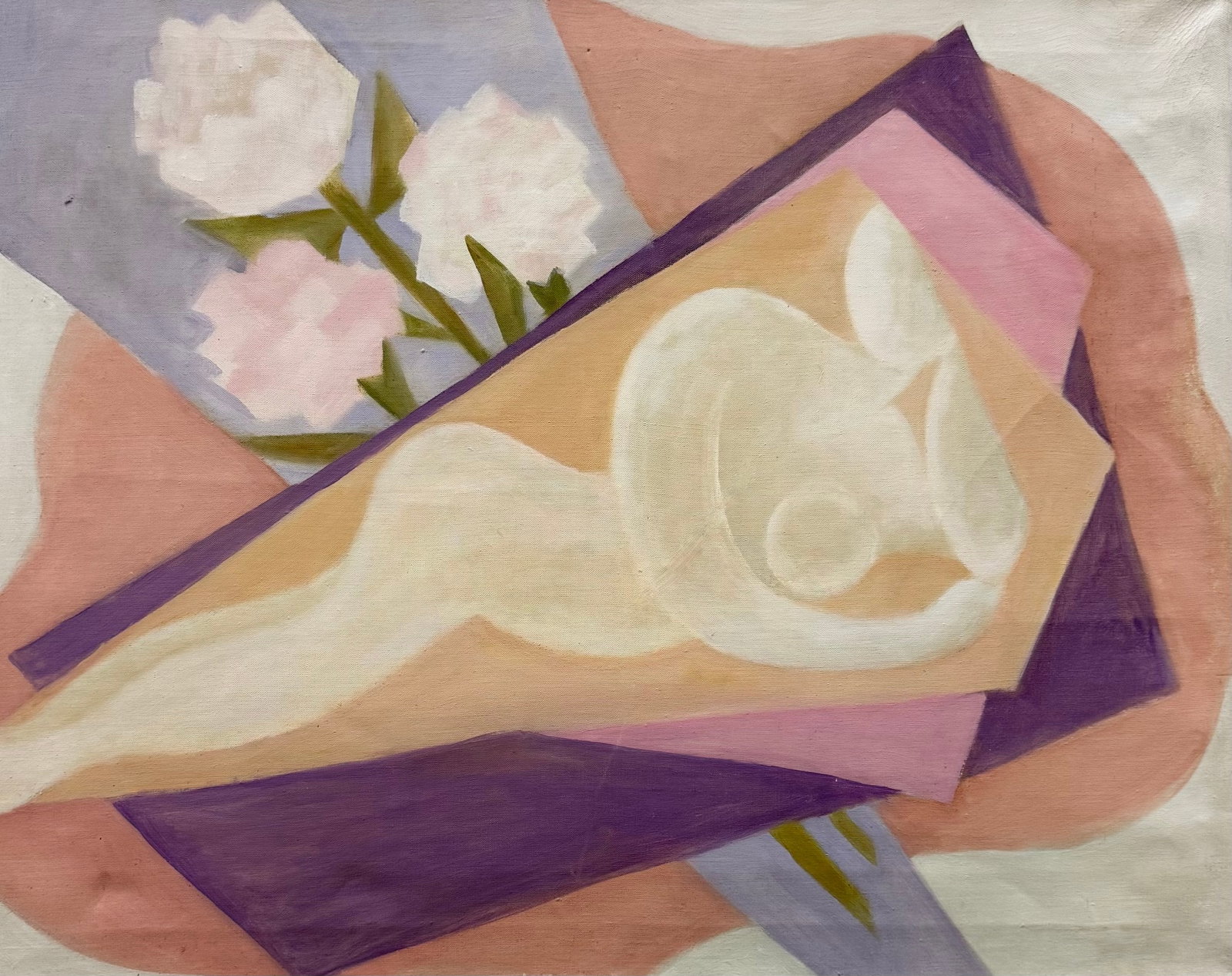 Mid-Century American School Modernist Abstract With Nude Figure w/ Flowers: Oil on canvas 30 x 24 in