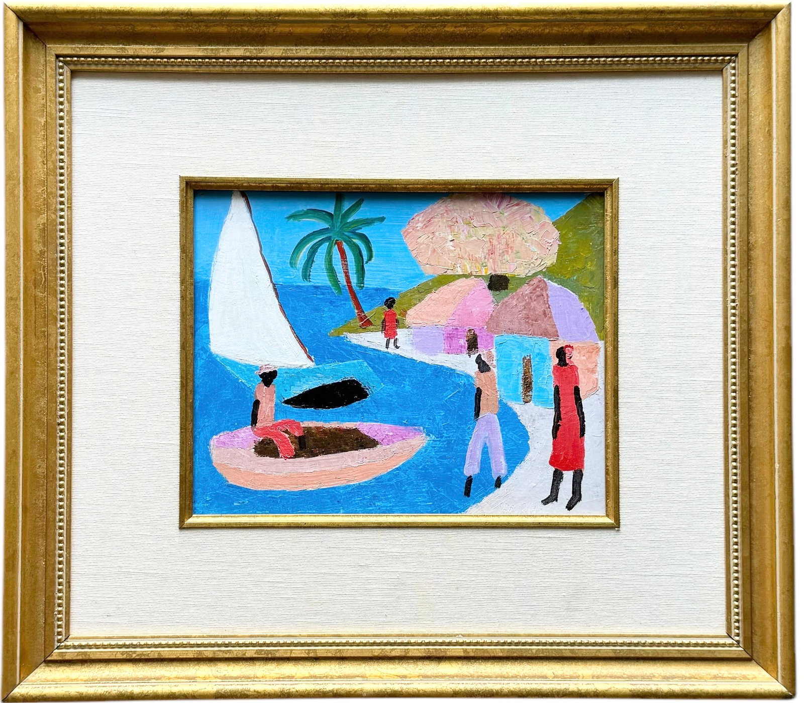 Nicely Framed Modernist Haitian School Beach Scene: Oil on board 16.5 x 14 in, 19.5 x 17 in (framed)