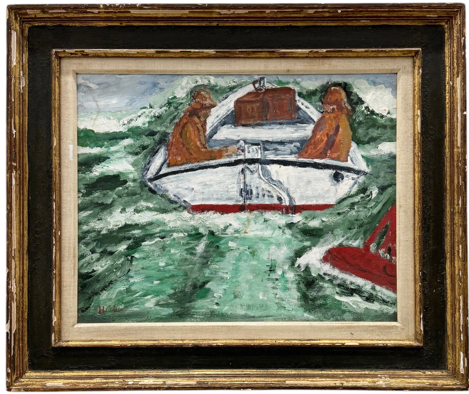 Nicely Framed Modernist Painting Of Boaters Signed: Oil on board 17.5 x 13.5 in, 24.5 x 20.5 in (framed)
