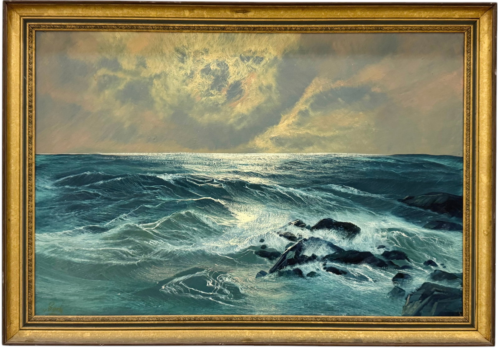 Vintage American School Luminist Seascape Signed Lower Left, Artist Unknown: Oil on canvas 36 x 24 in, 40 x 28 in (framed)
