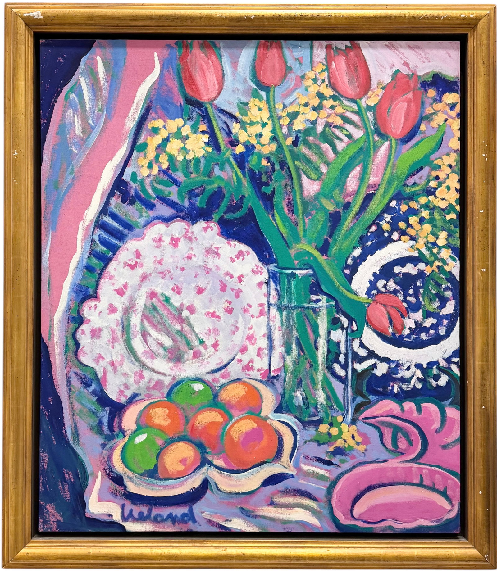 LARGE Modernist Fauve Still Life Of Flowers & Fruit Signed Lower Right: Oil on canvas 43.5 x 37.5 in, 49 x 42.5 in (framed)