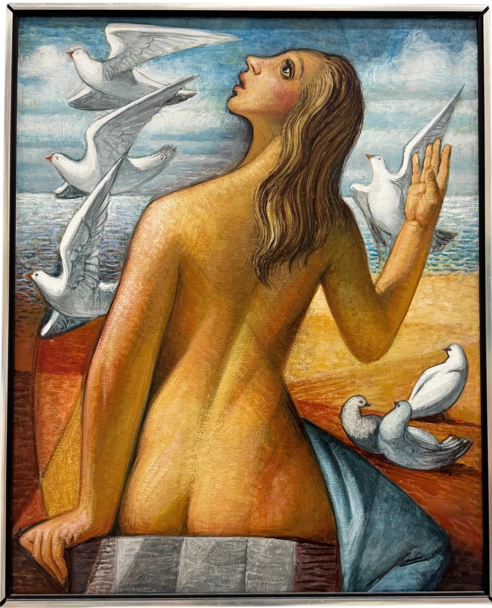 Latin American Or Spanish School Nude Woman With Doves: Oil on canvas 39.5 x 32 in