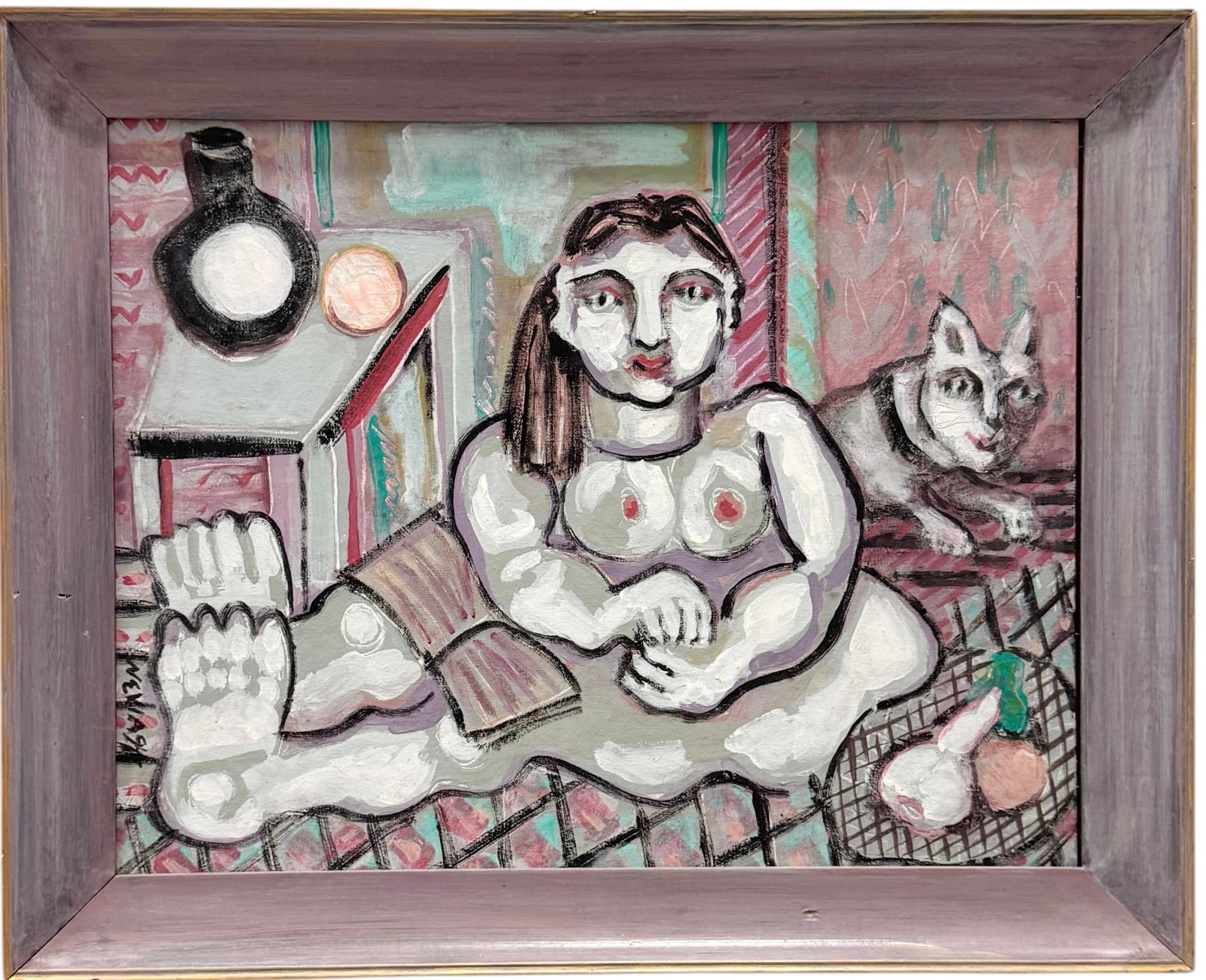 Nicely Framed Modernist Nude With Cat, Signed: Acrylic on board. Size 24 x 19.5 in (framed)