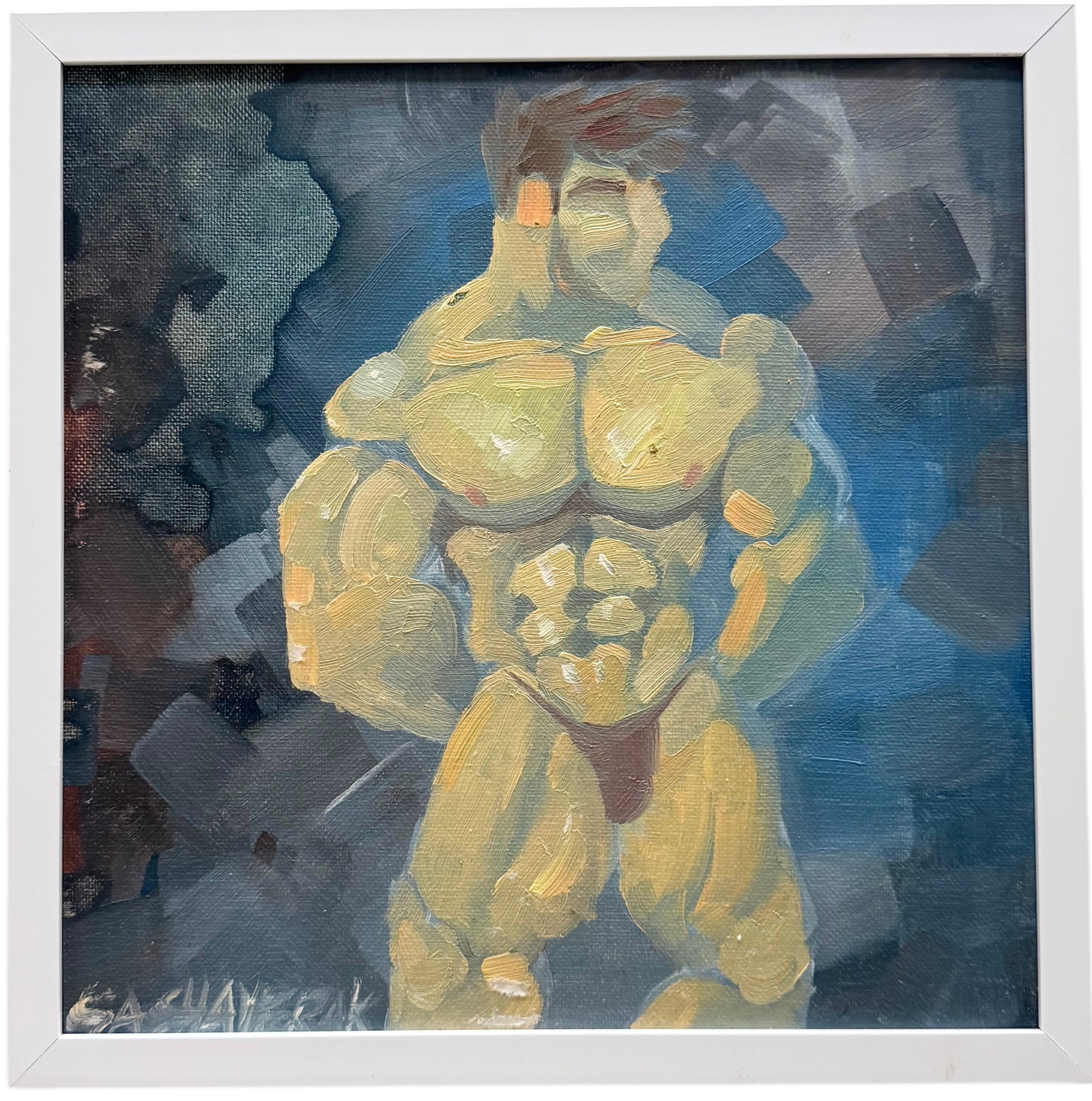 Modernist Muscular Male Nude Painting Signed Illegibly: Oil on board 13 x 13 in
