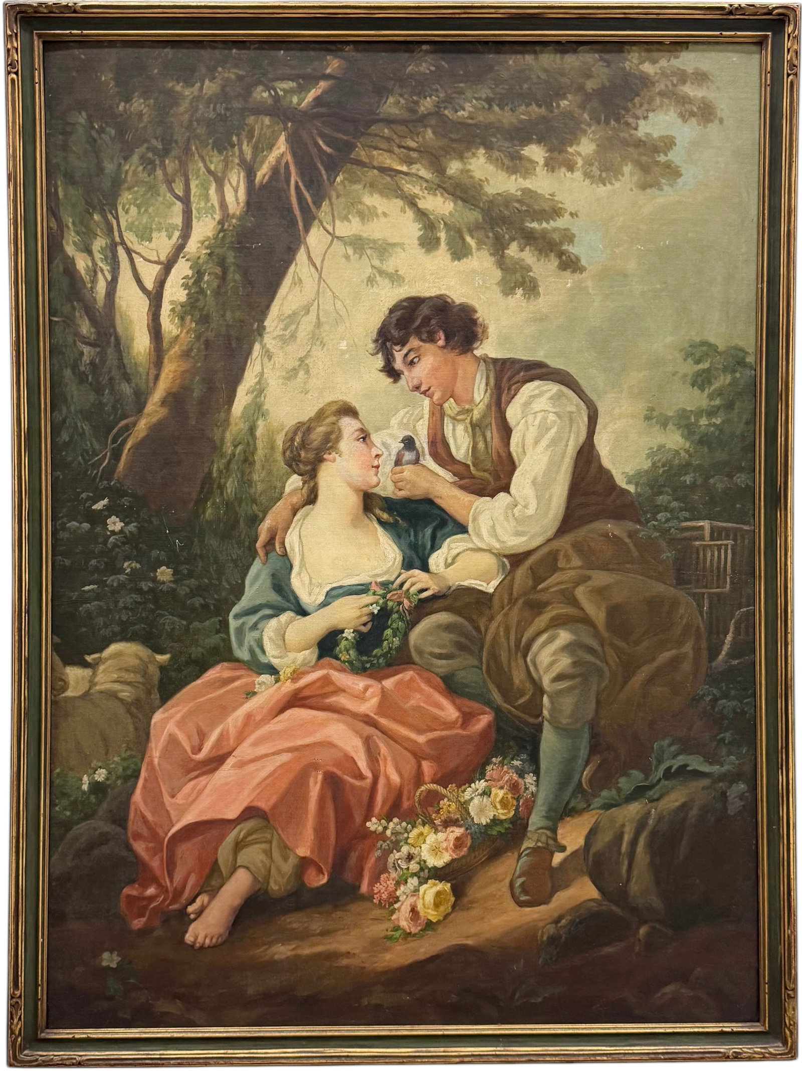 Large Antique Italian School Courting Scene Oil On Board: 50.5 x 37 in, 54 x 40.5 in (framed)