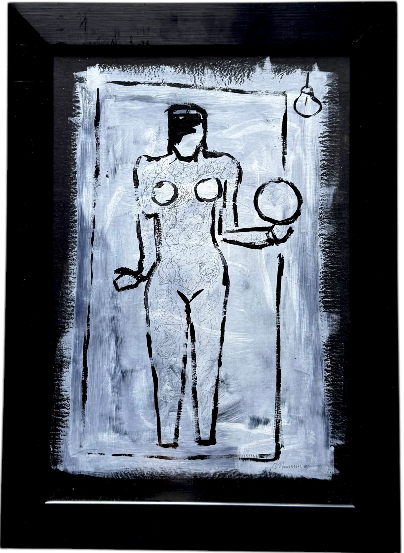 Cuban School Black & White Nude Painting, Signed: Acrylic on board 22.5 x 15 in, 26.5 x 19 in (framed)