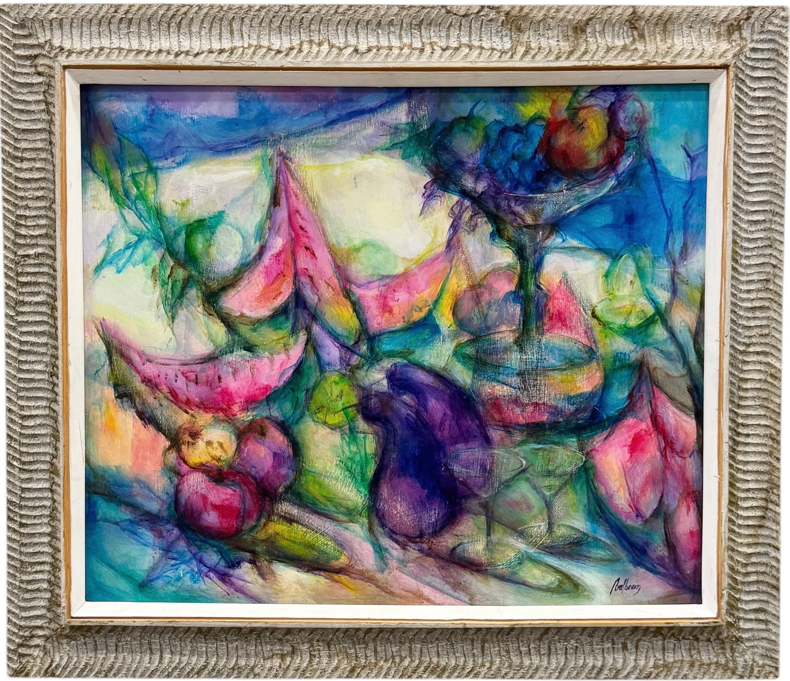 Nicely Framed Haitian School Modernist Still Life Painting, Gallery Label: Oil on board 24 x 20 in, 29.5 x 25.5 in (framed)