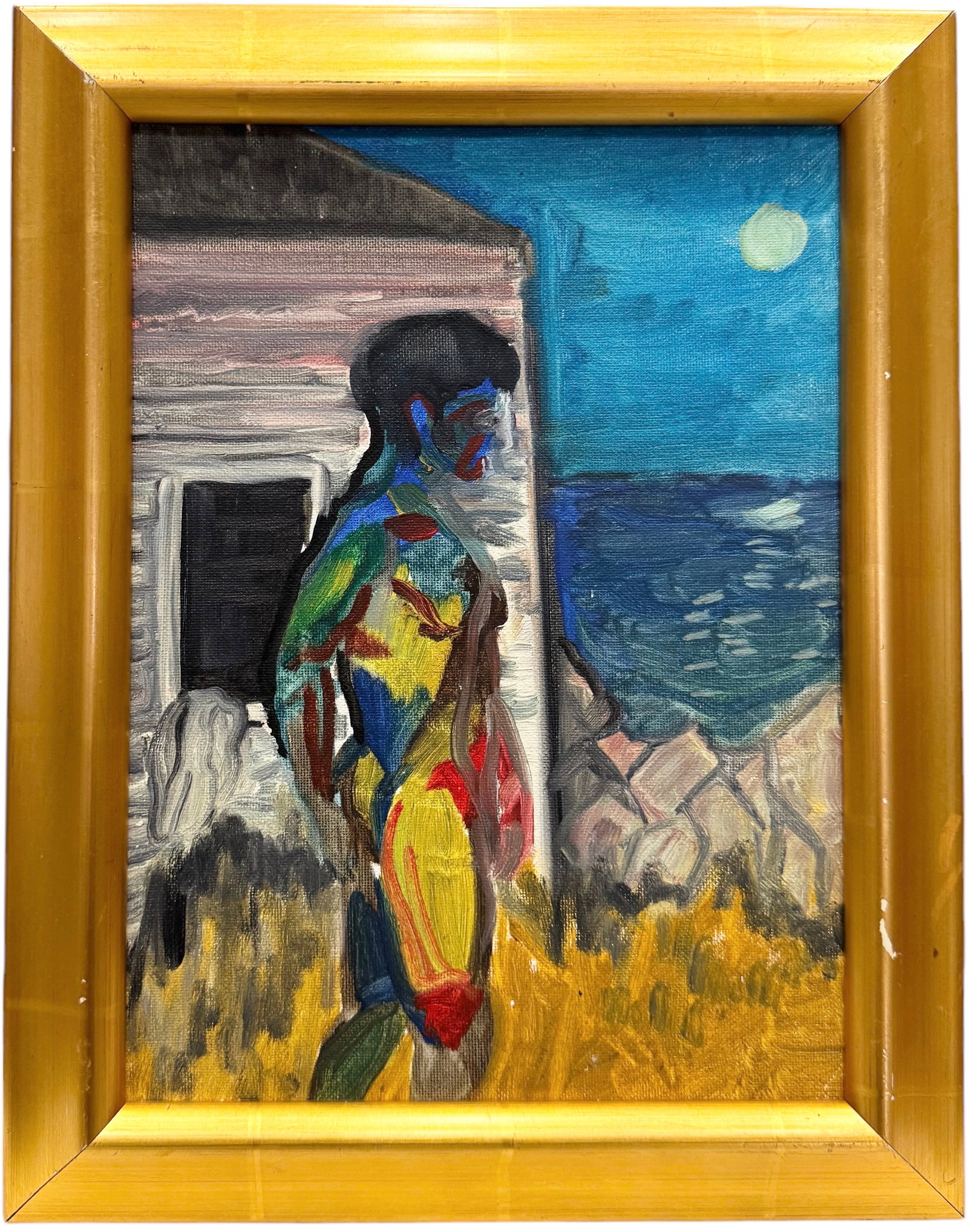 Nicely Framed American School Fauvist Nude Male In Landscape: Oil on board 14.5x11.5 in framed