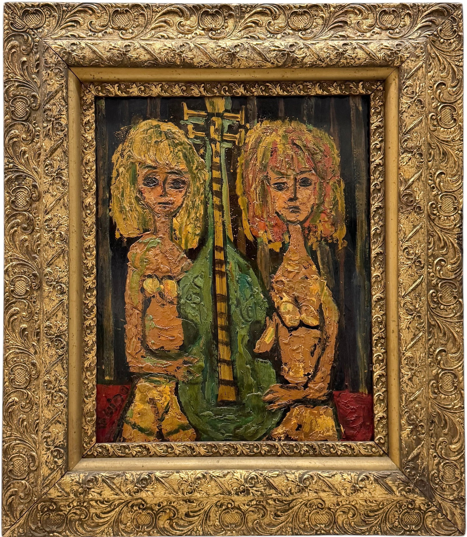 Mid-Century Nude Musicians Oil On Board In Antique Gold Frame: Oil on board 20 x 16 in, 30 x 26 in (framed)