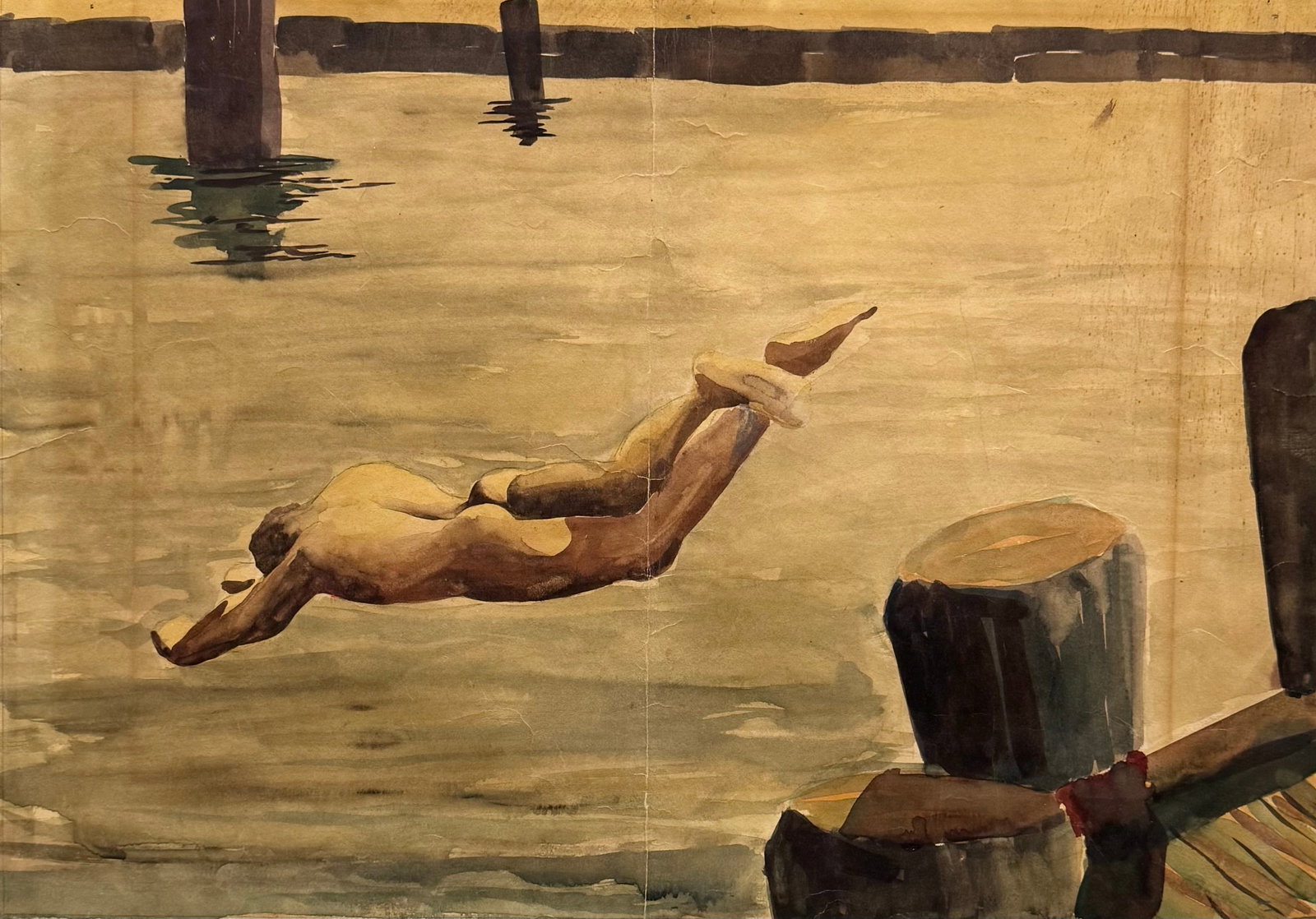 GILPIN CHURCH ROOT 1940's Male Nude Diver Whiskey Island Cleveland Ohio: Watercolor 20 x 14 in, 26 x 22 in (framed)
