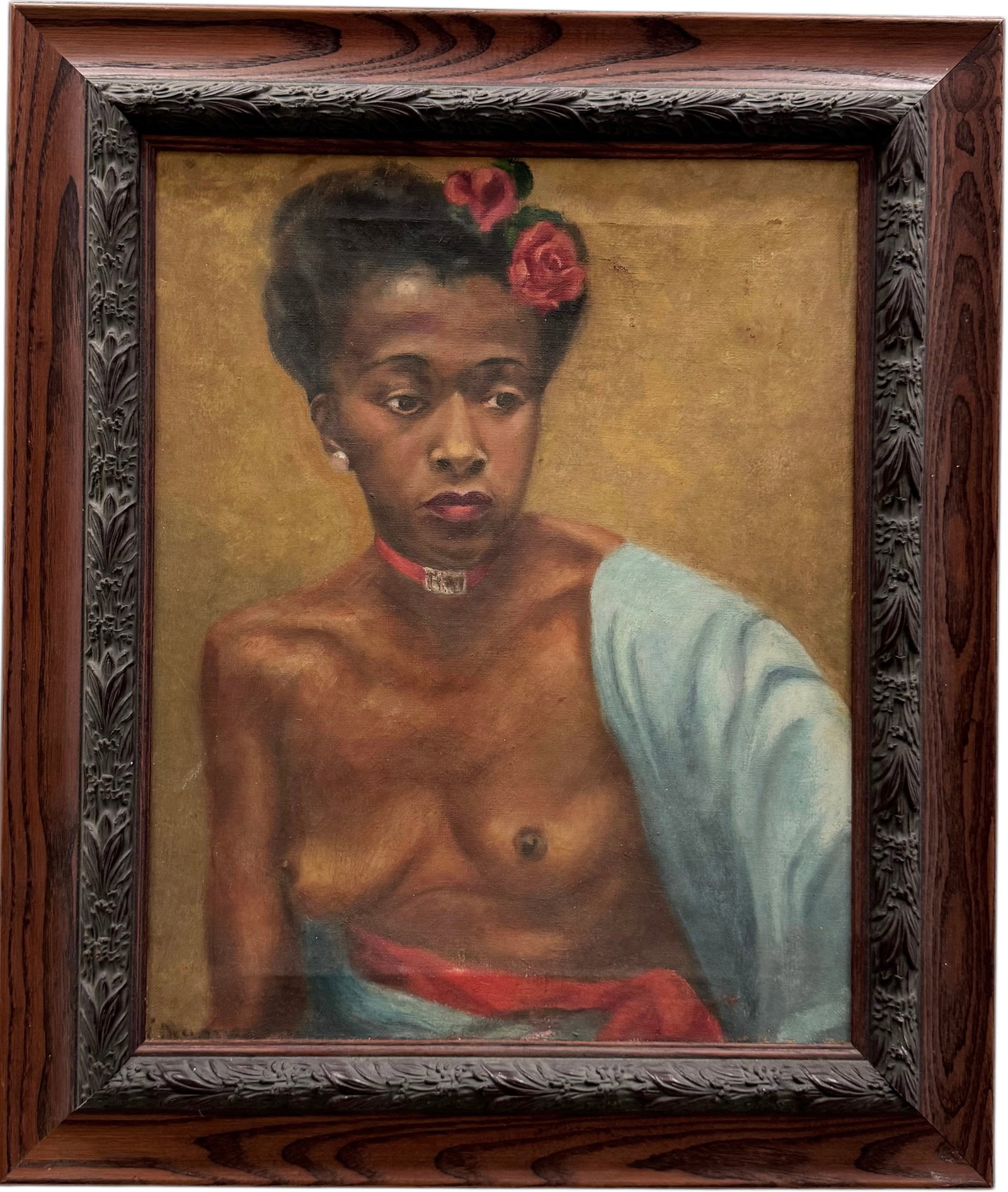 Antique American School Black Nude Portrait Of A Woman Illegible Signature: Oil on canvas 20 x 16 in, 26 x 22 in (framed)