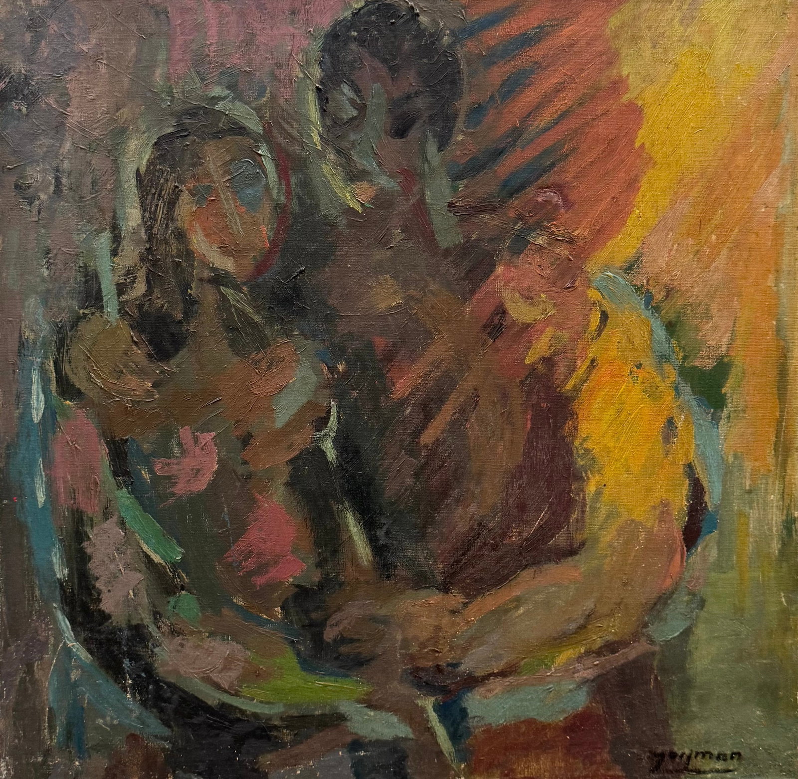 Mid-Century Abstract With Figures Oil On Canvas Signed Lower Right: Oil on canvas 23.5 x 23.5 in