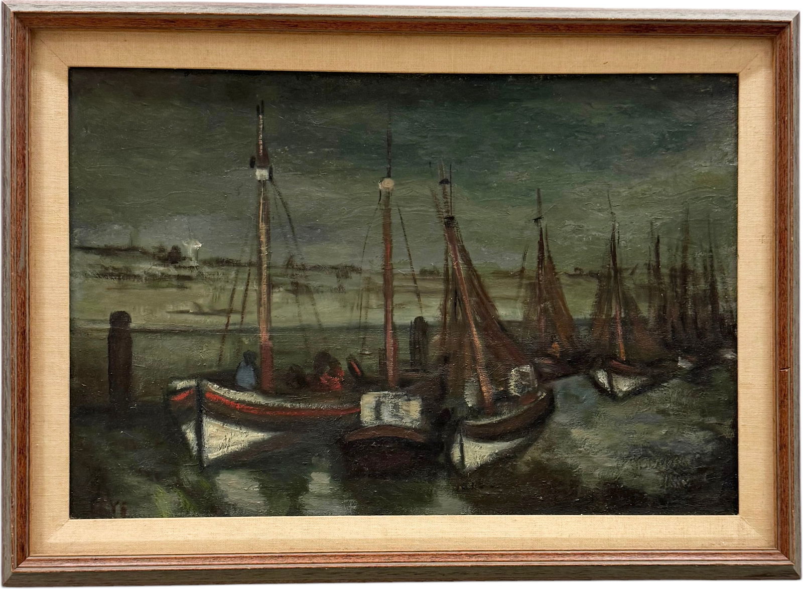 European School Impressionist Moody Harbor Scene With Boats Signed Illegibly (1 of 3)