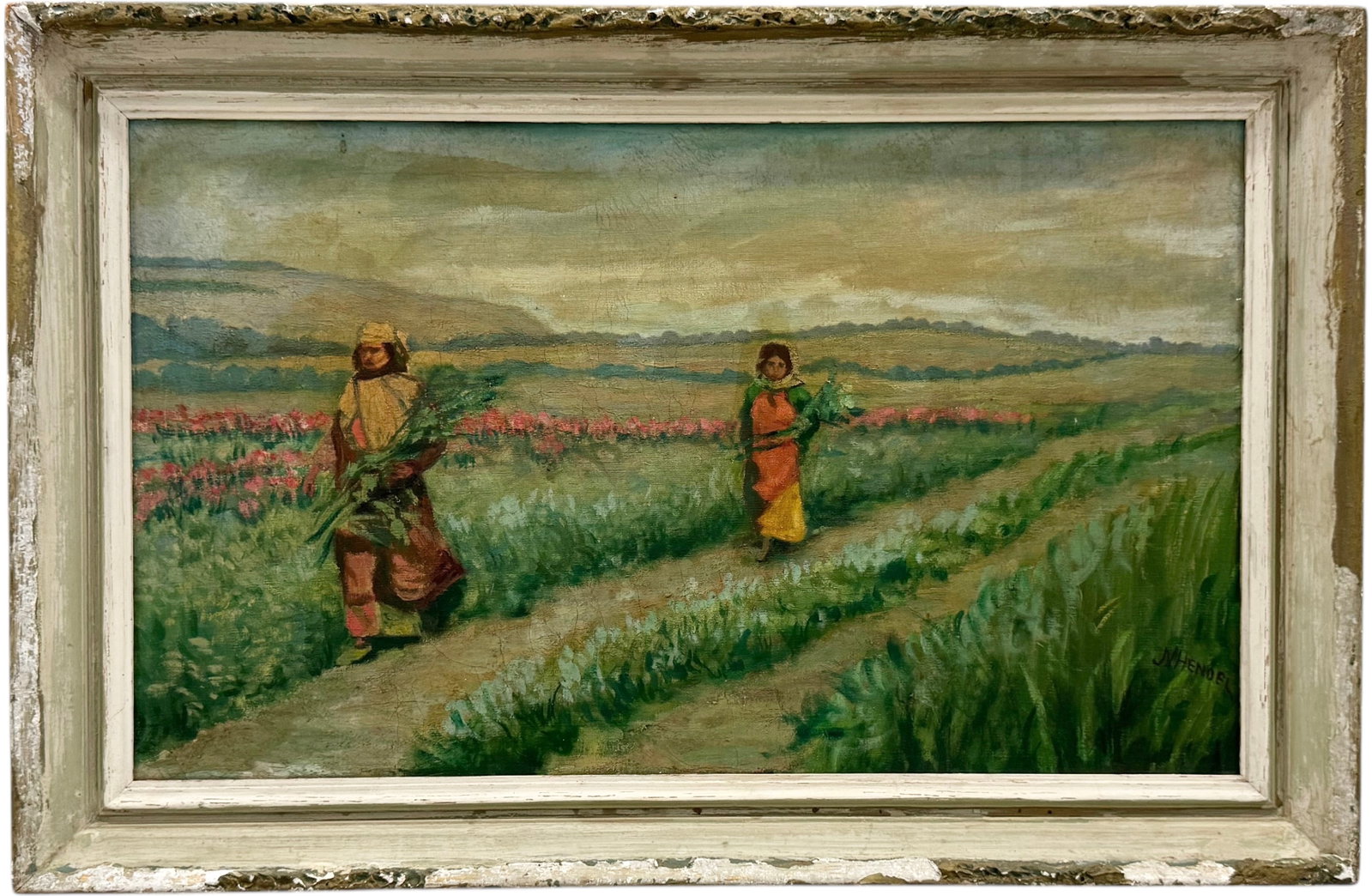Antique Impressionist Oil Painting Of Flower Pickers, Signed: Oil on canvas 30 x 18 in, 35 x 23 in (framed)