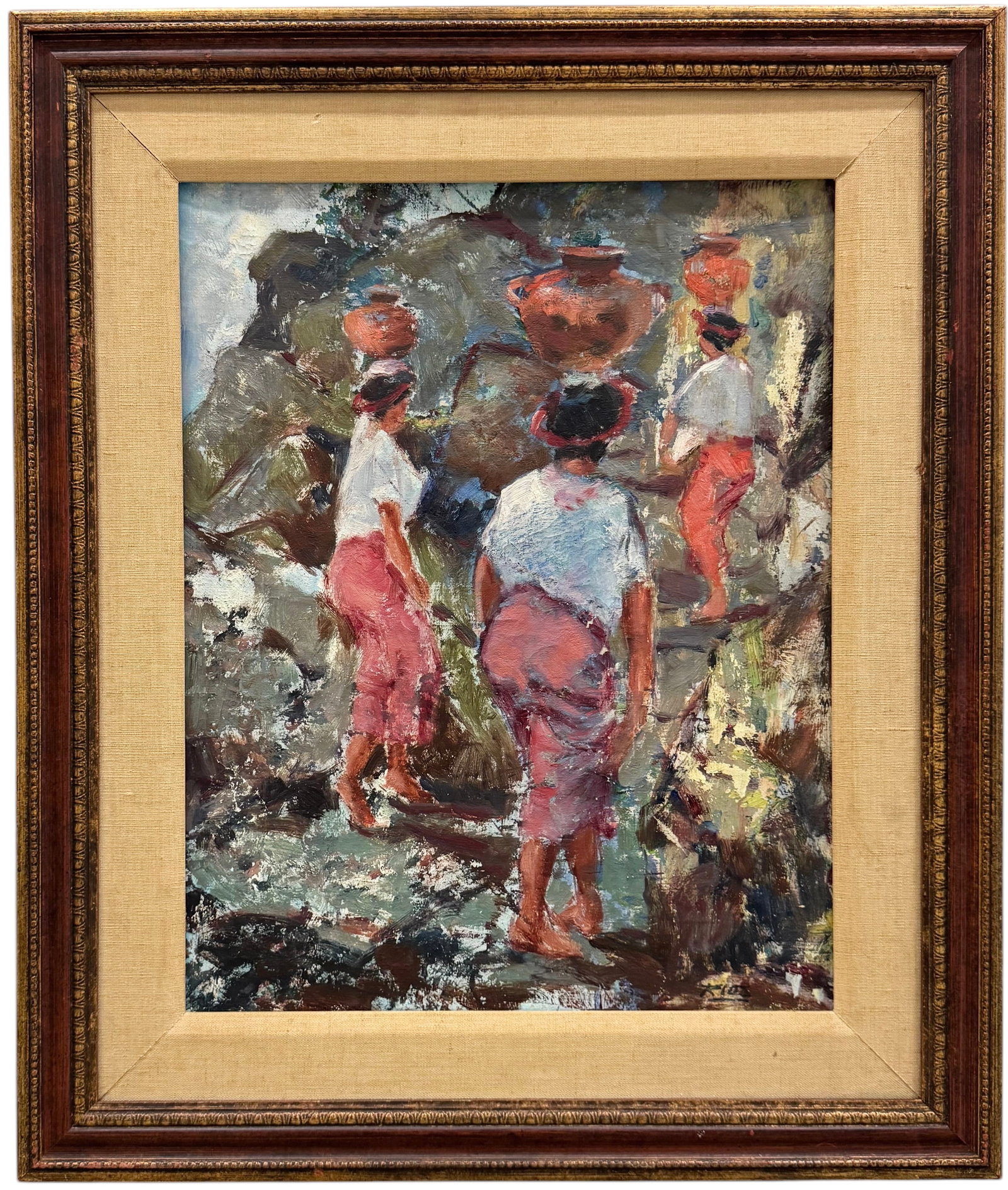 Latin American Impressionist Scene Of Women Fetching Water Exhibited Boston: Oil on canvas 19 x 15 in, 25.5 x 22 in (framed)