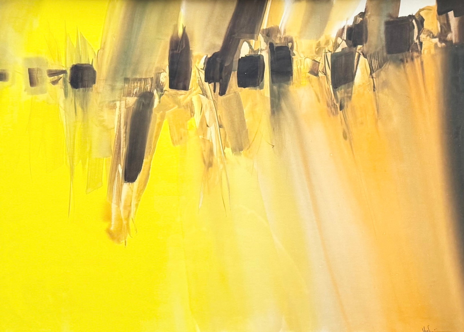 Valfred P. Thelin (1934 - 1992) Abstract Watercolor 1965: Mixed media on paper 36 x 20 in, 41 x 31 in (framed). Painter Valfred Thelin was born in Waterbury, Connecticut.