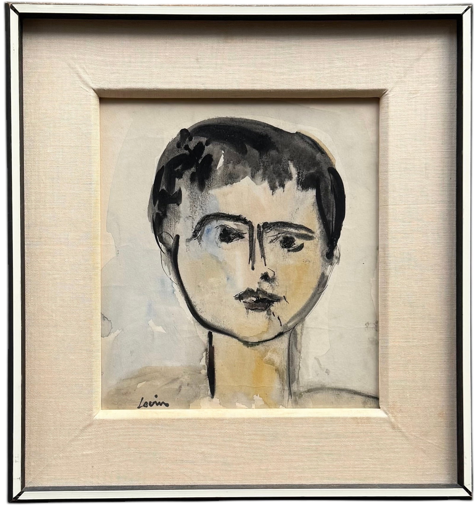 Nicely Framed Vintage Modernist Portrait Of Man Signed Levin: Watercolor on paper 12 x 11 in, 19 x 18 in (framed)