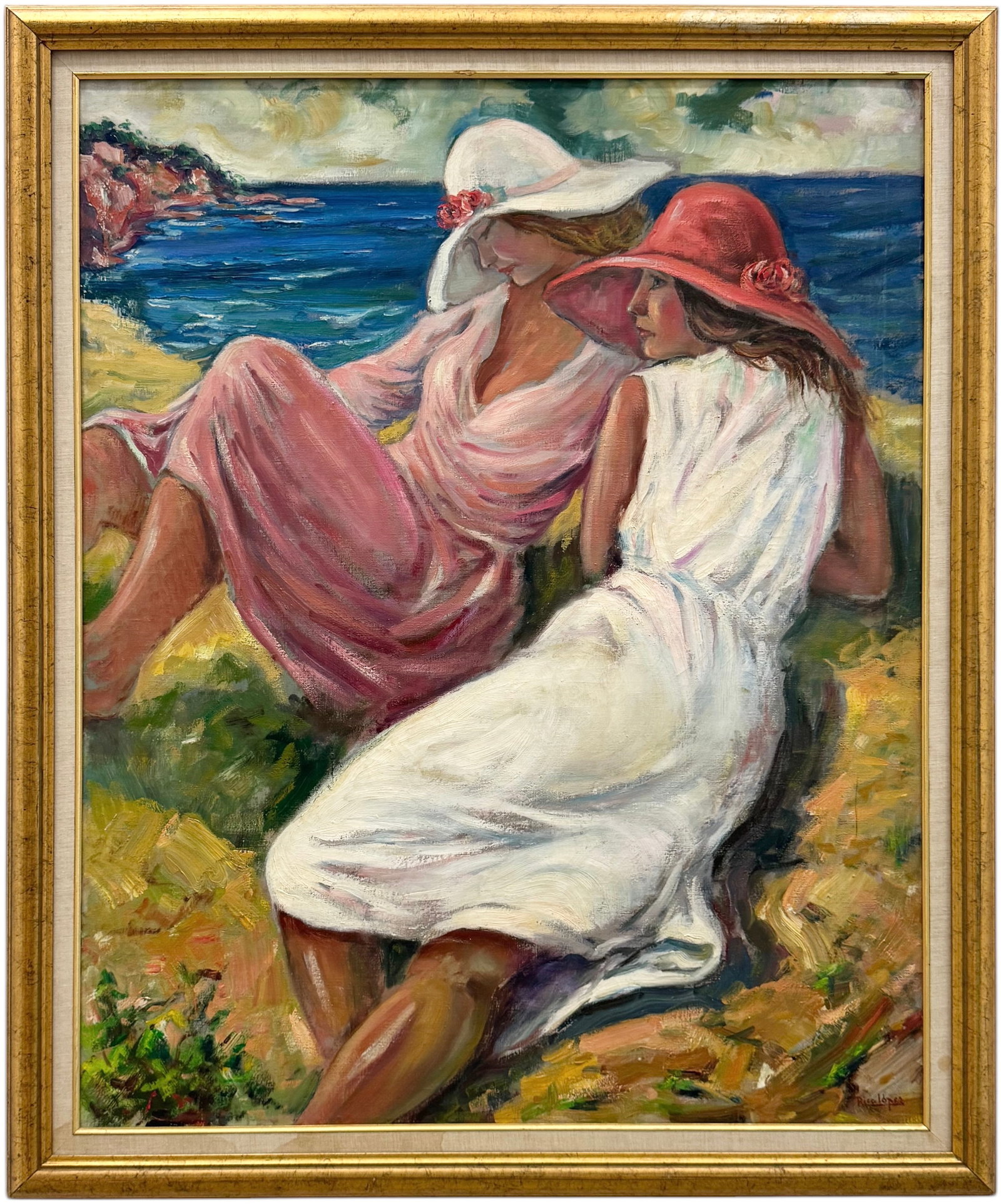 RICO LOPEZ (20th c, Spanish) Two Women At Beach: Oil on canvas 40 x 32 in, 44.5 x 37.5 in (framed)