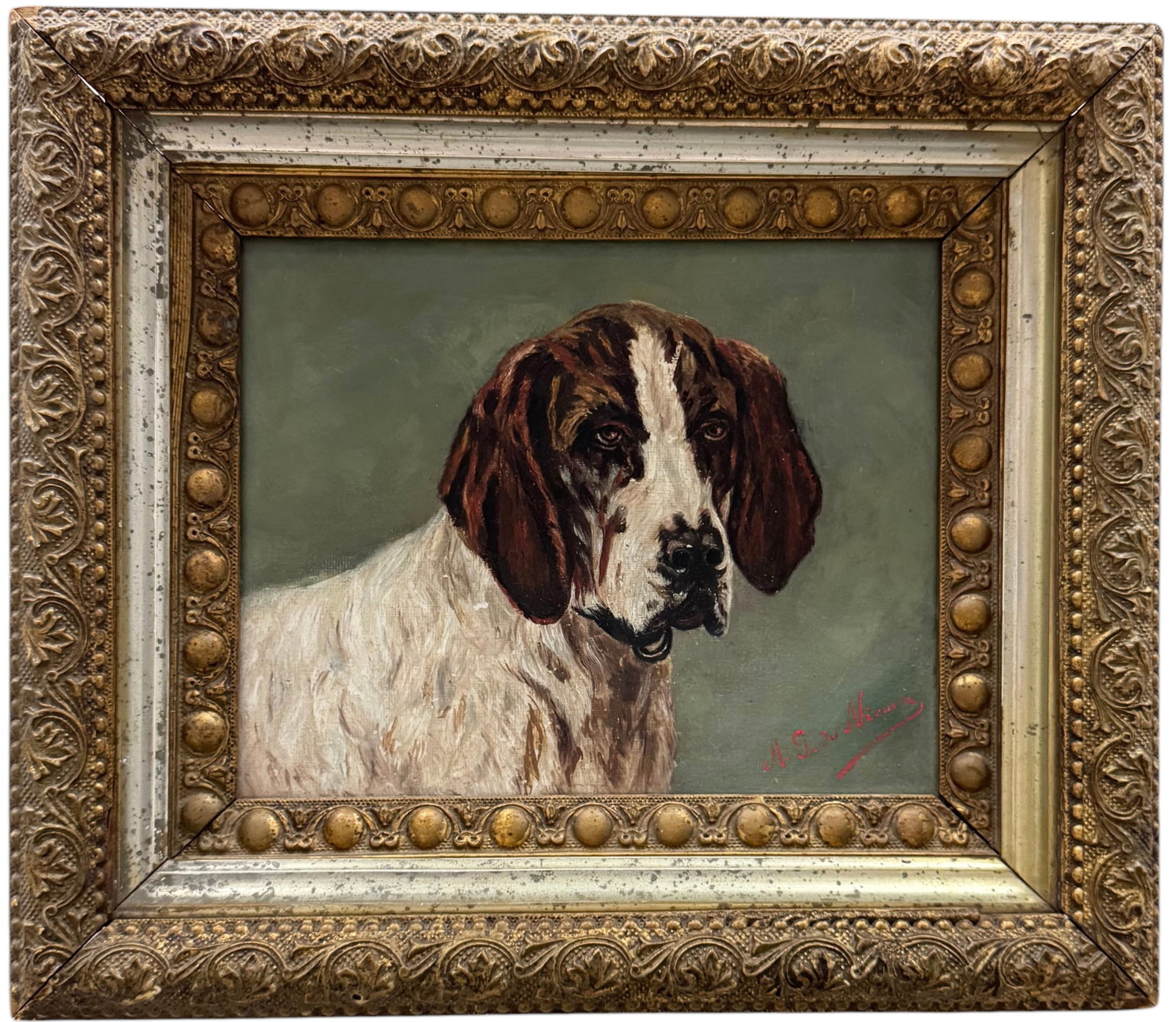 Antique Painting Of A Foxhound, Dog Portrait In An Antique Frame Signed: Oil on board 10 x 8 in, 15 x 13 in