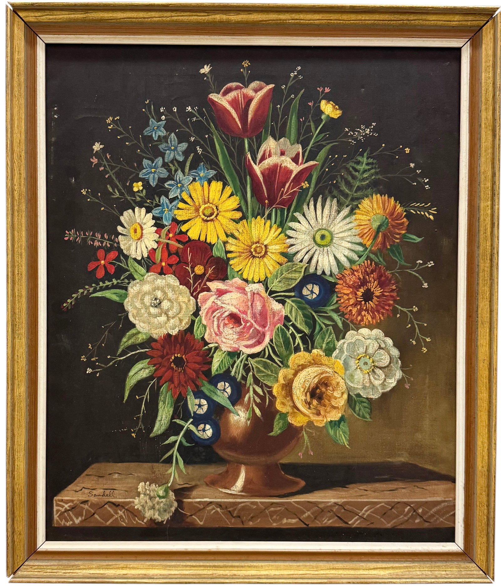 Vintage American School Still Life Of Flowers, Signed: Oil on canvas 24 x 20 in