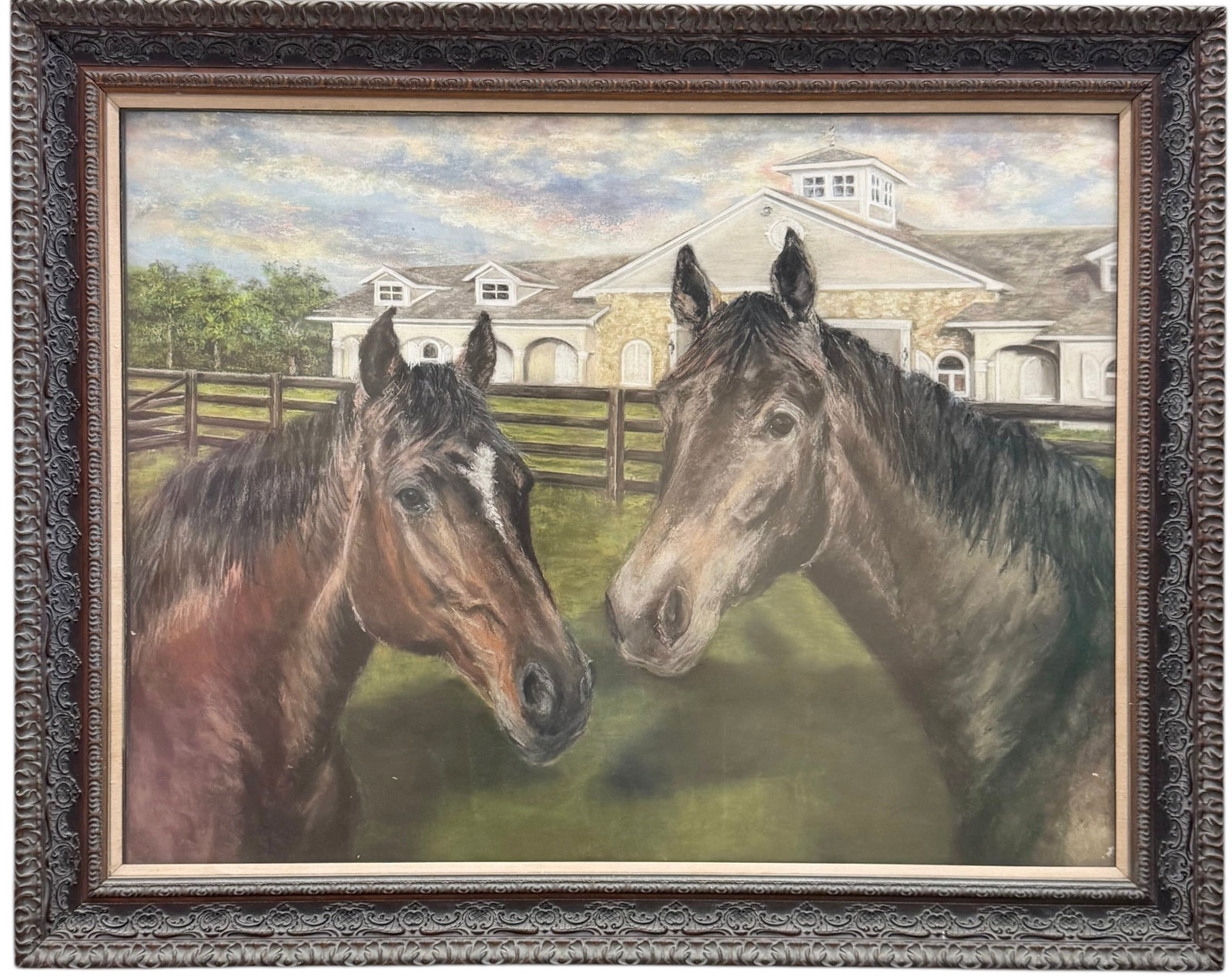 MONUMENTAL Pastel Painting Portrait Of Horses Nicely Framed 69" x 42.5": 69 x 42.5 in, Can't be shipped