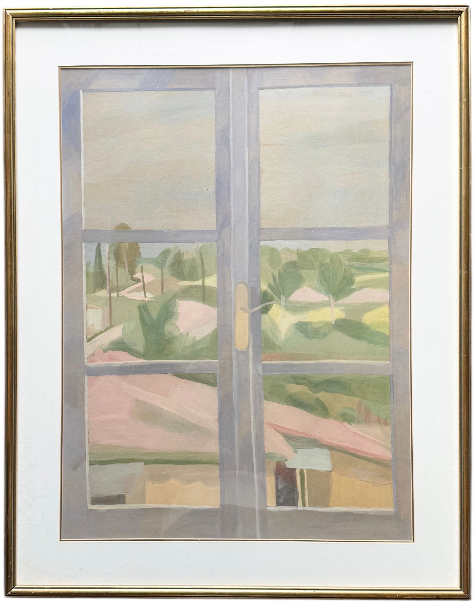 Greek School Modernist Window Scene With Landscape, Signed (1 of 3)