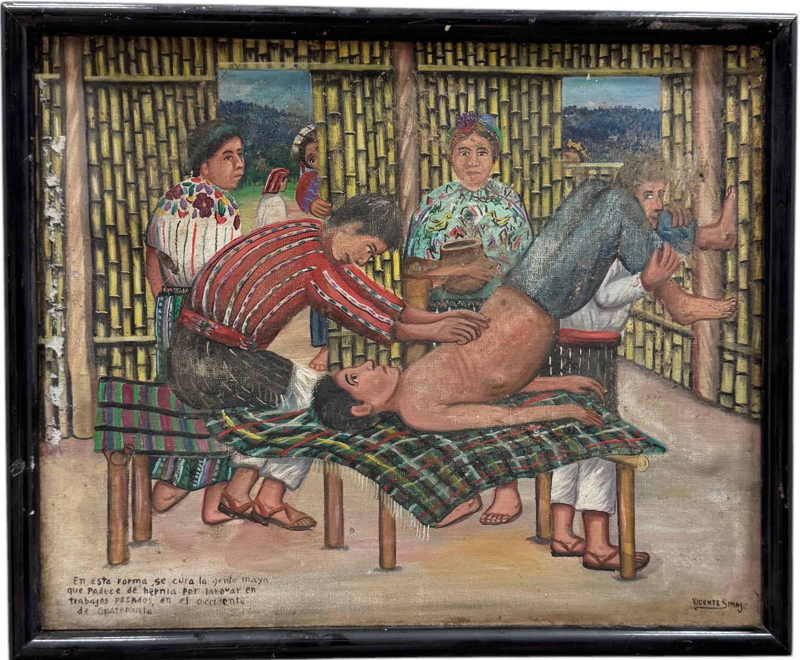 VICENTE SIMAJ YAT Guatemalan Folk Art Chiropractic Subject: Oil on canvas 17 x 14 in (framed)