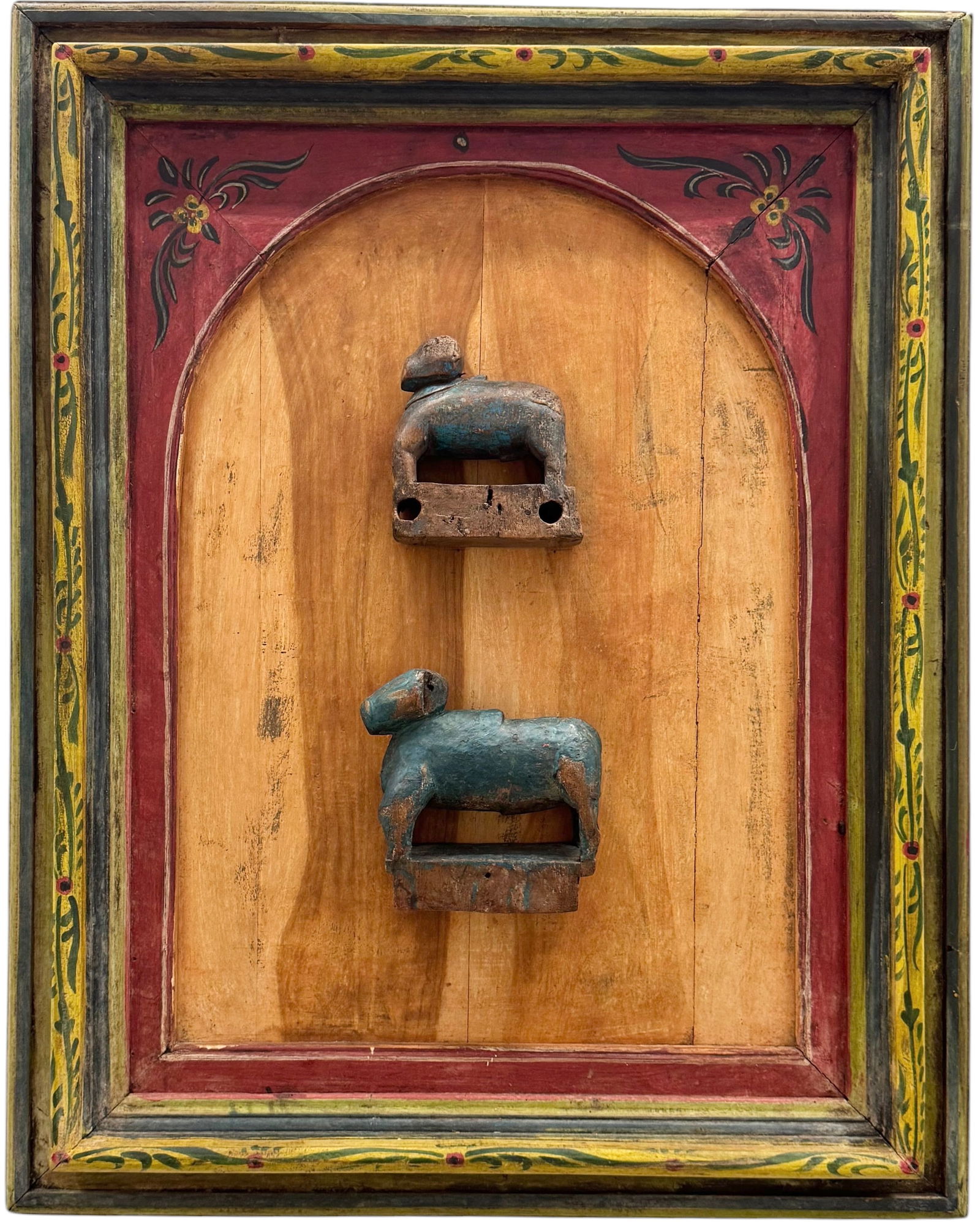 Antique Primitive Wood Horse Carvings Mounted On Wood In Ornate Hand Painted Frame (1 of 5)