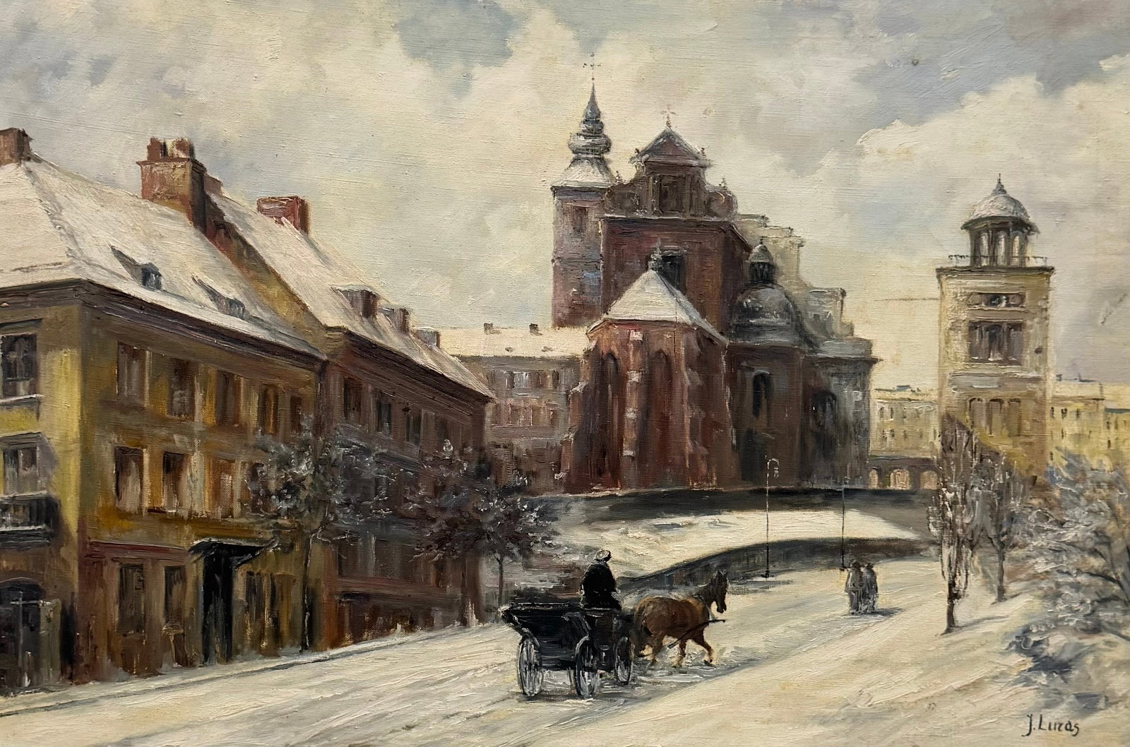 Polish School Impressionist Snowy Warsaw Landscape With Horse Carriage, Signed: Oil on canvas 36 x 24 in, 40.5 x 28.5 in
