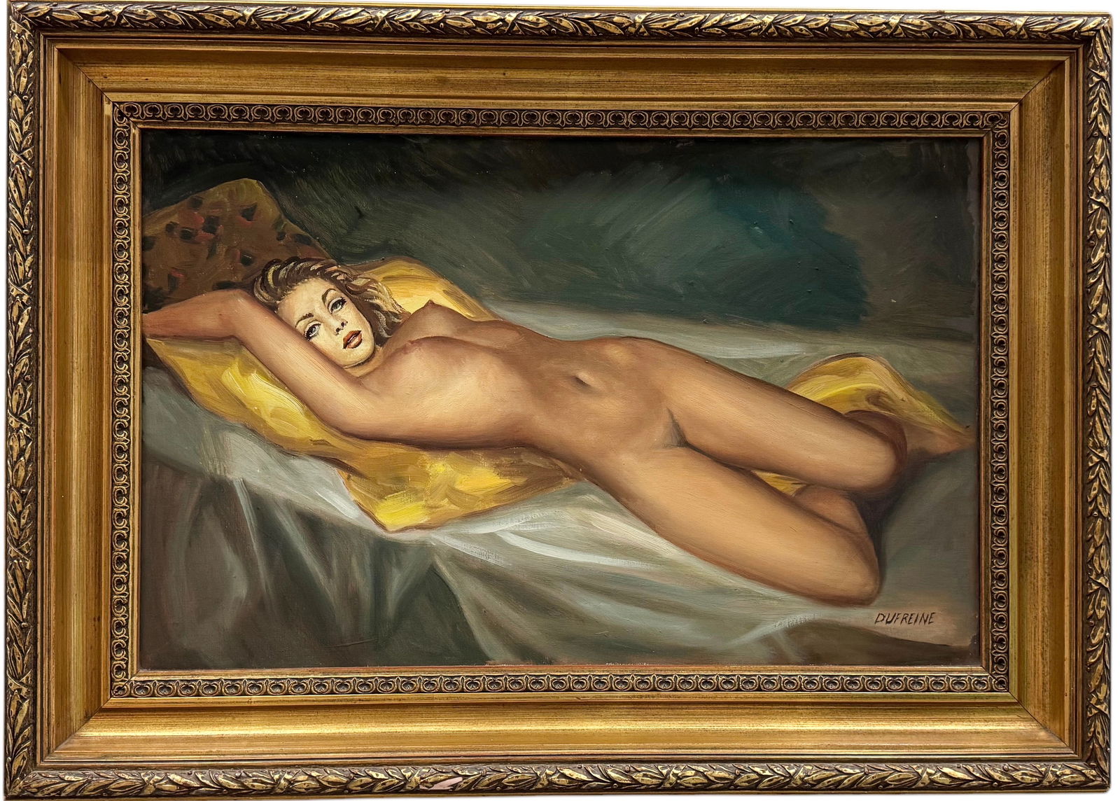 Nicely Framed Vintage French School Reclining Nude Oil On Canvas Signed: Oil on canvas 23.5 x 19.5 in, 30.5 x 26.5 in (framed)