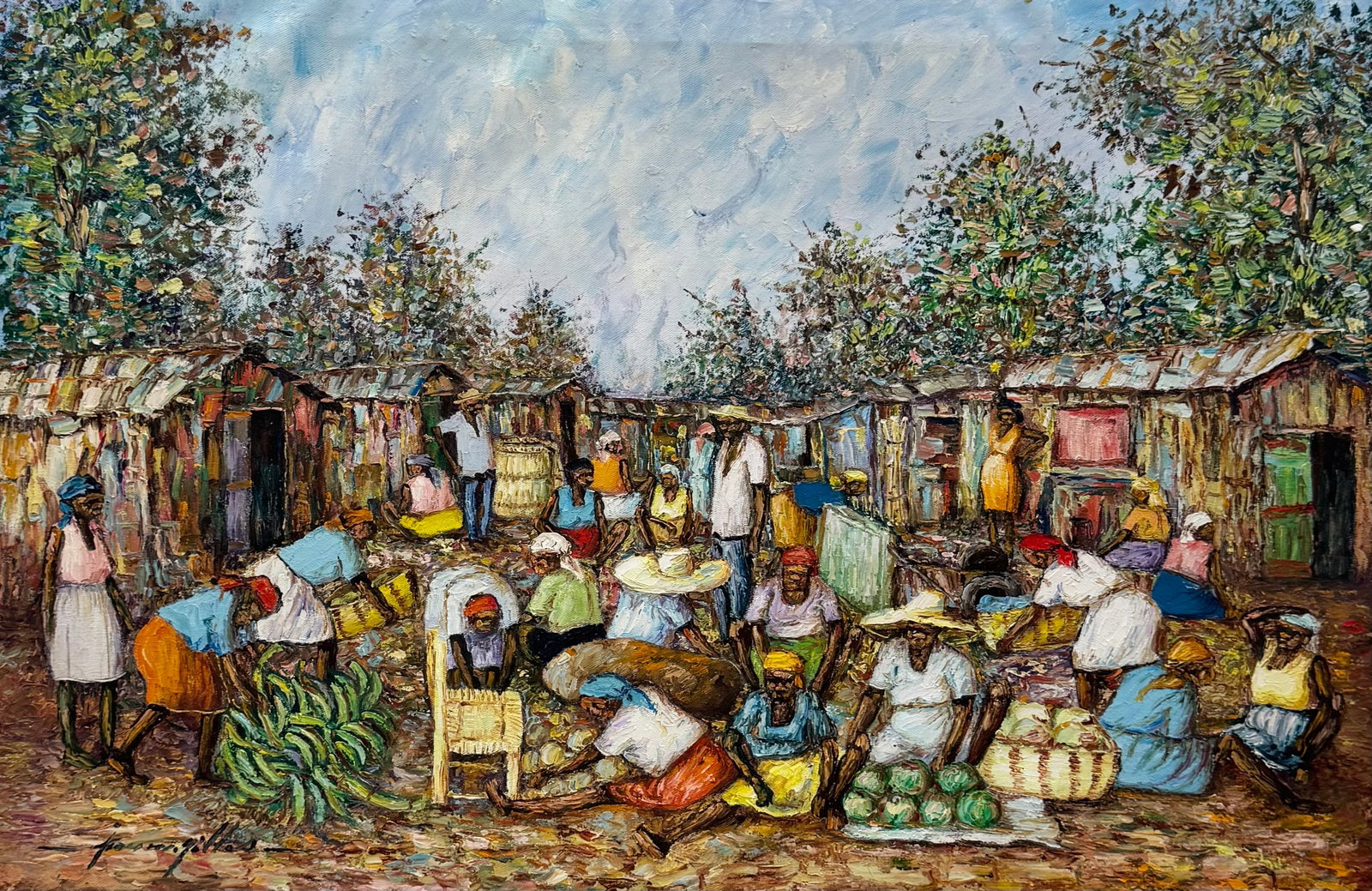 JEAN MADSEN GILLES (20th c, Haiti) Village Scene: Oil on canvas 36 x 24 in