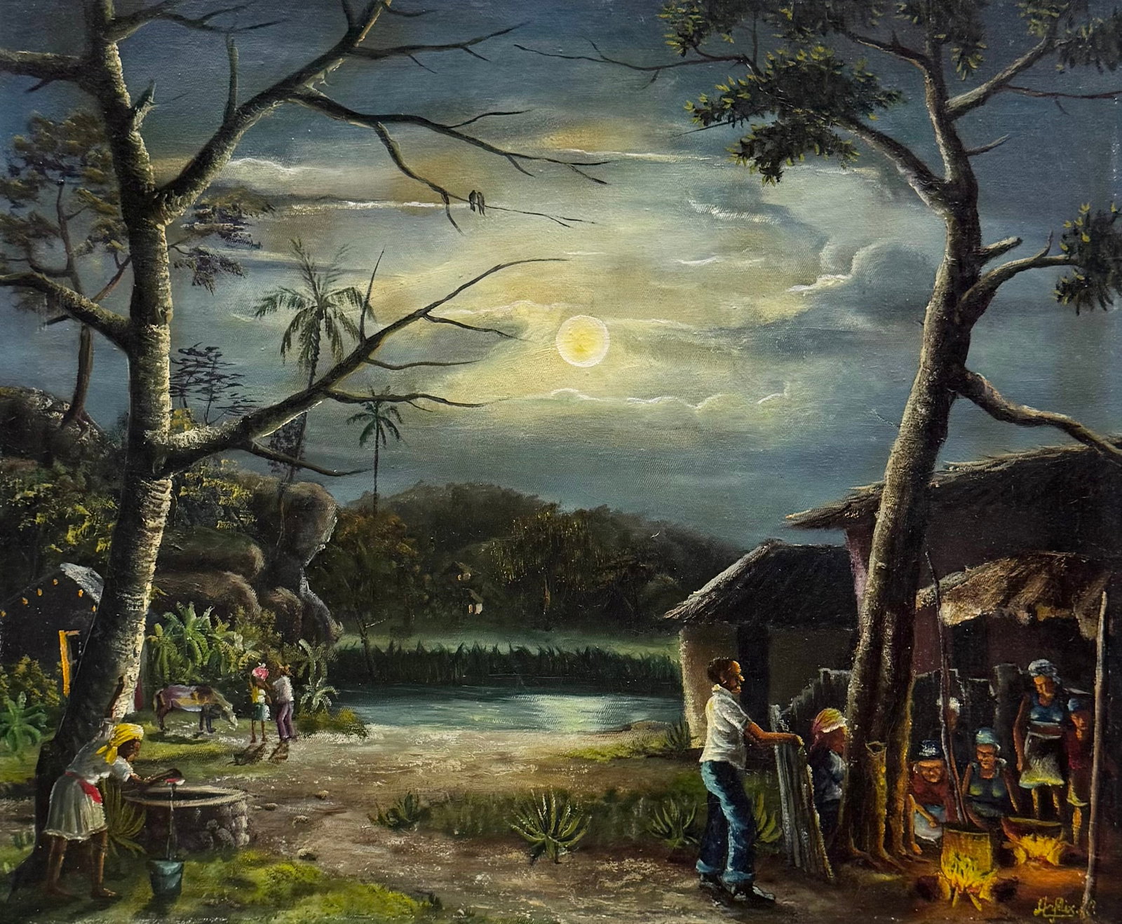 JEAN FELIX DEFOURNOY (b. 1952, Haitian) Village At Night: Oil on canvas 20 x 24 in