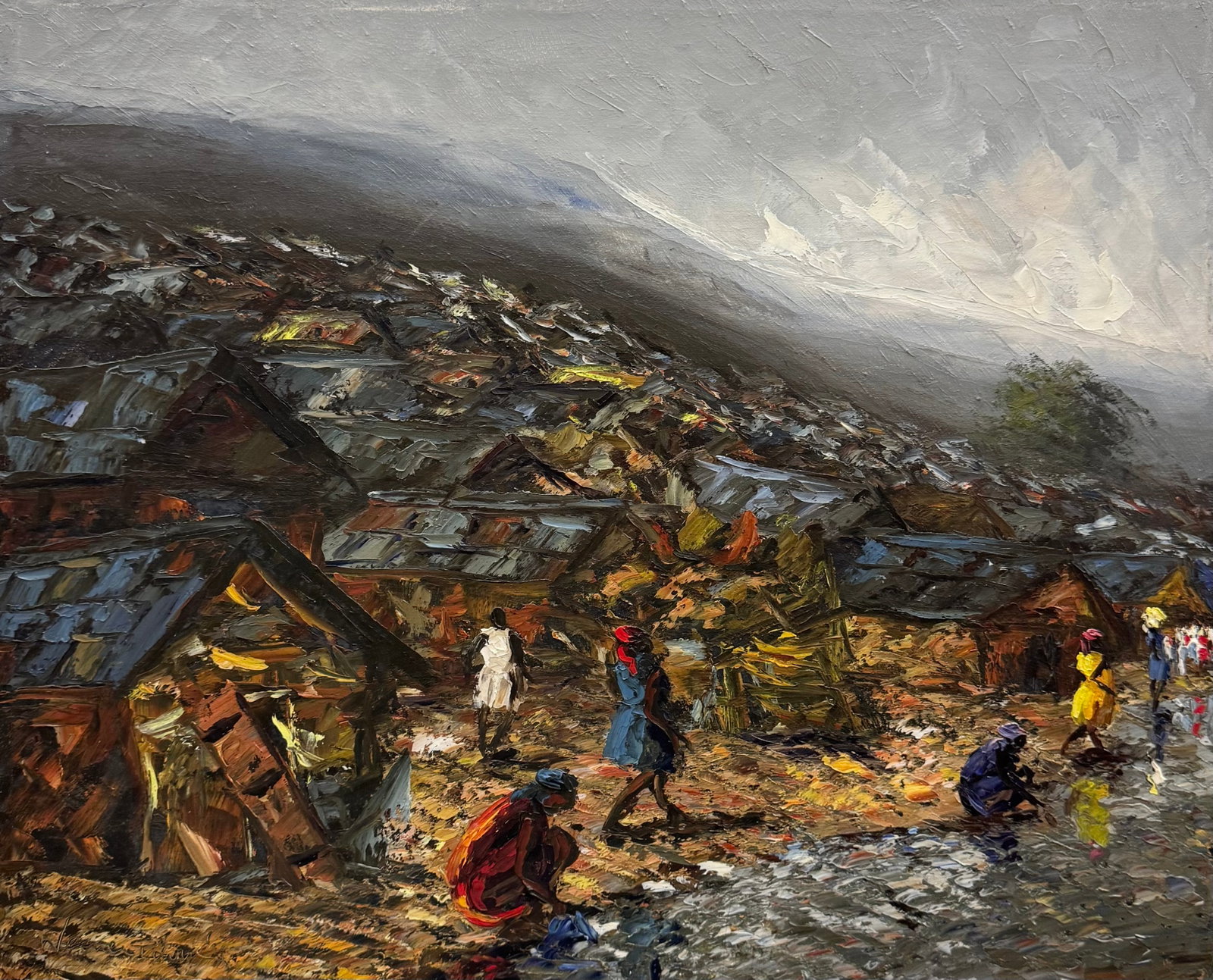 WESNER PIERRE-LOUIS (b. 1948, Haiti) Village: Oil on canvas 24 x 20 in