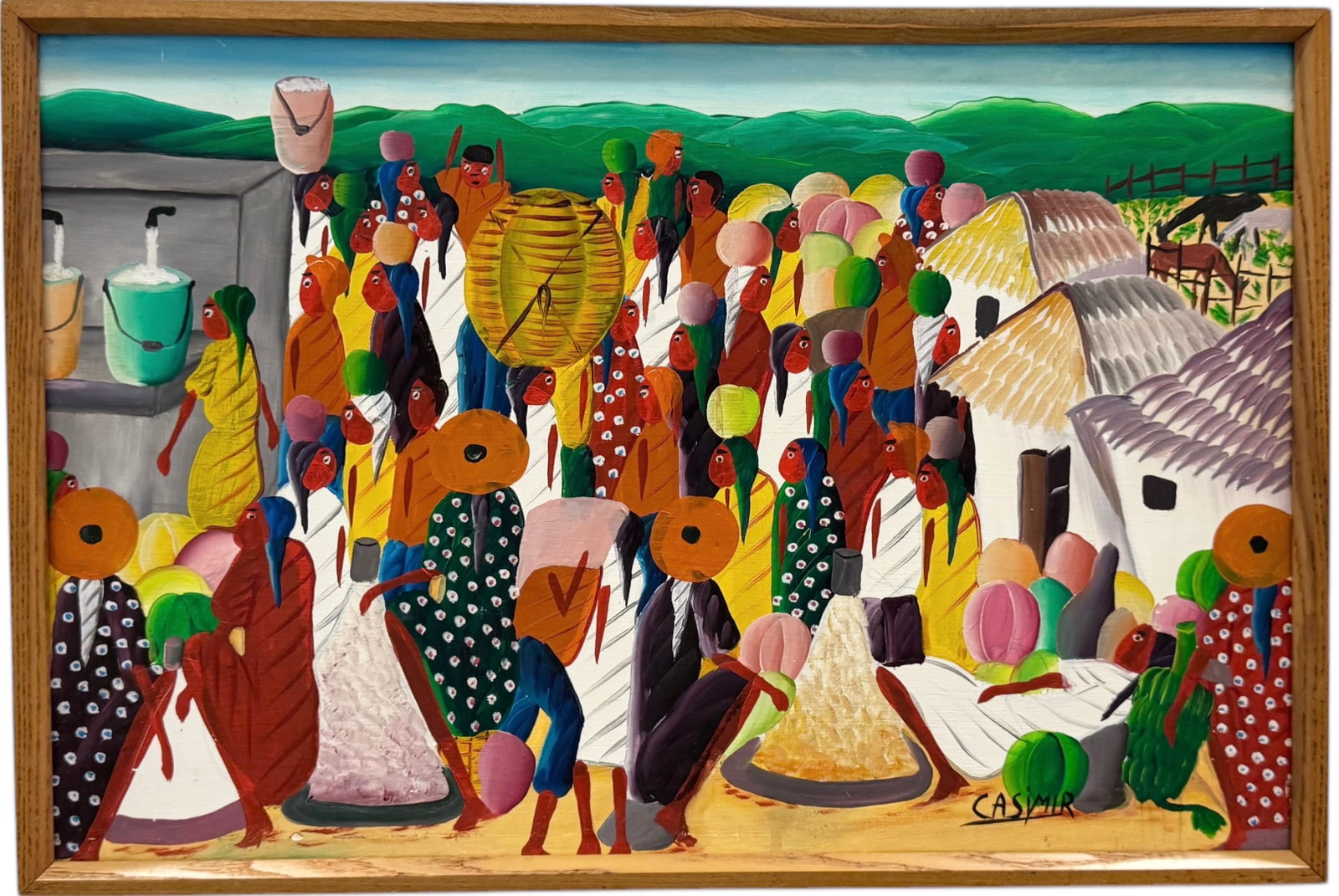 LAURENT CASIMIR (1928-1990, Haiti) Village Scene: Oil on canvas 16 x 24 in