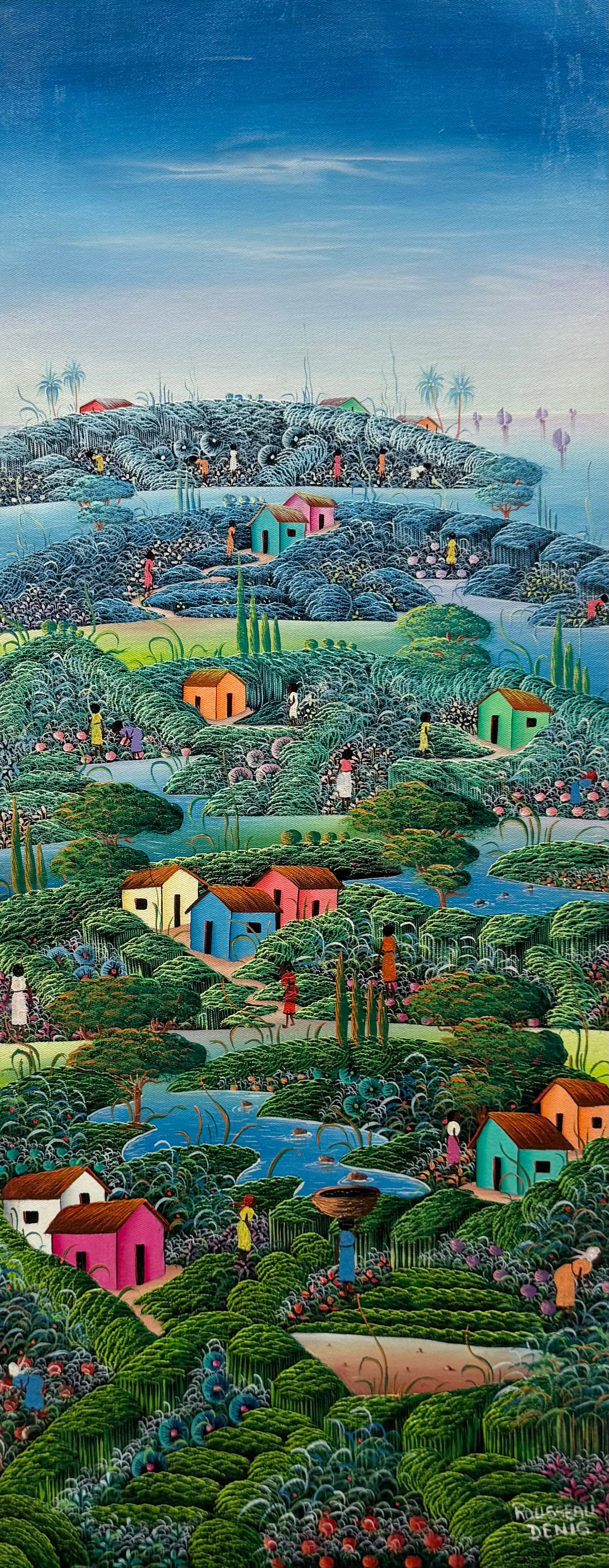 ROUSSEAU DENIS (20th c, Haitian): Oil on canvas 12 x 30 in