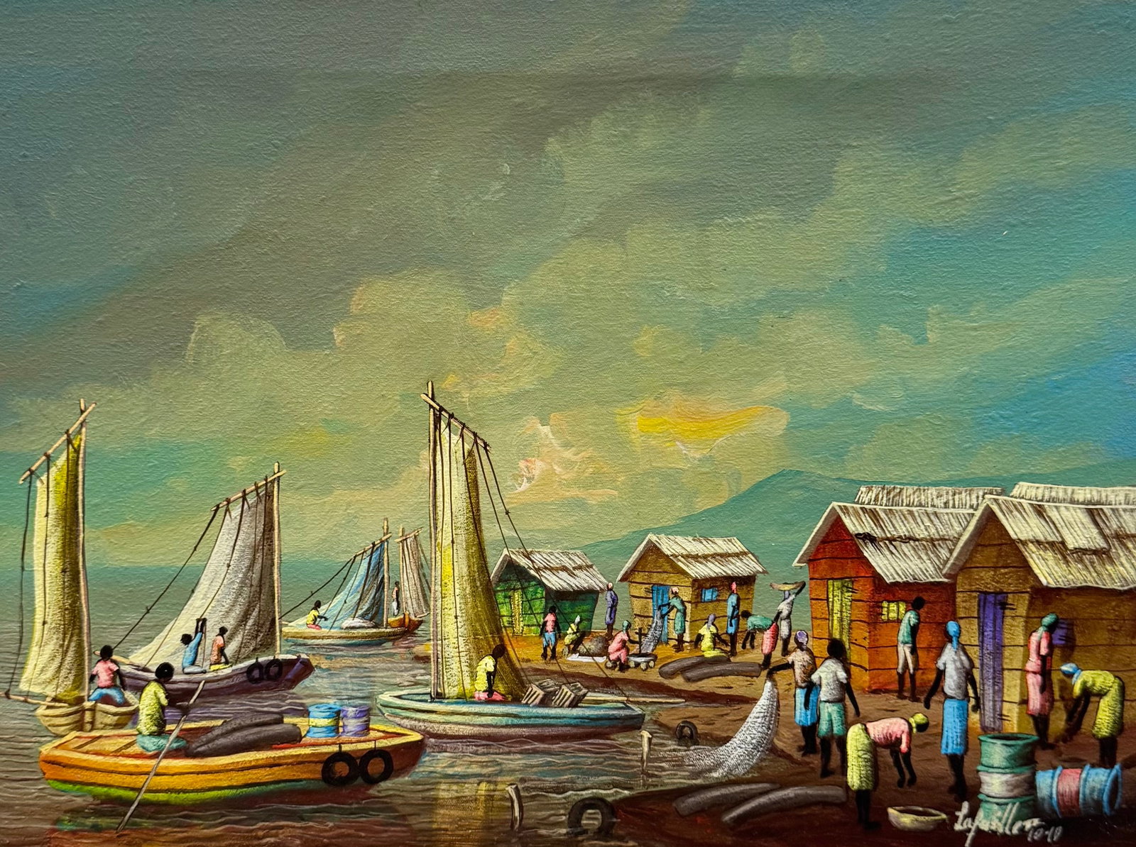 RAYMOND LAFAILLE (20th c, Haitian) Village Scene: Oil on canvas 12 x 16 in