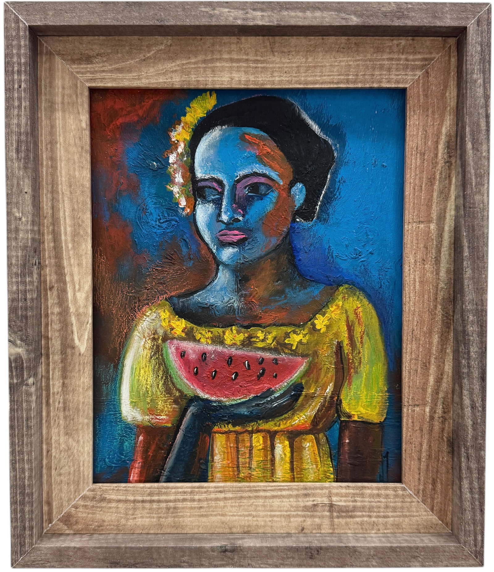 Mexican School Modernist Portrait Of A Woman & Watermelon Signed: Oil on board 13 x 11 in