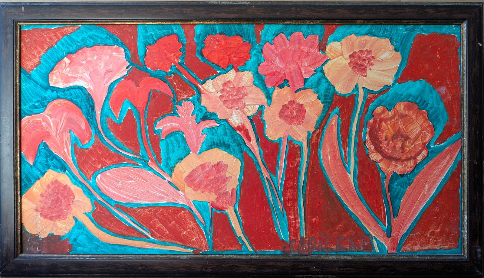 Saint-Pierre Toussaint (1923-1985, Haitian) Flowers: Oil on canvas 23 x 12 in