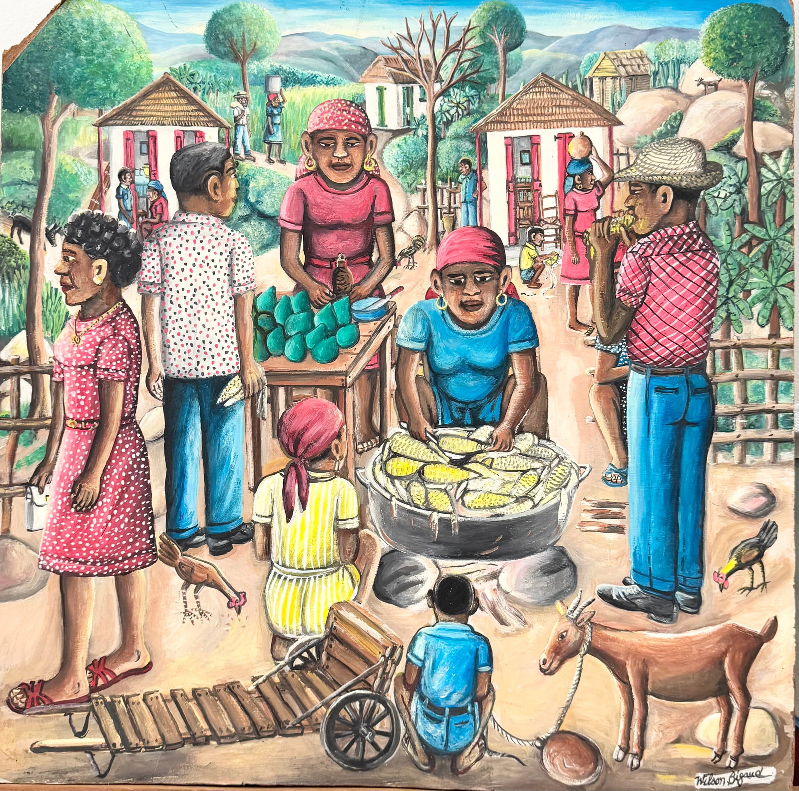 WILSON BIGAUD (1931-2010, Haitian) Village Scene, As is: Oil on masonite 24 x 24 in