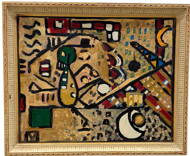 Nicely Framed Contemporary Abstract Acrylic On Board Painting: 22.5 x 18.5 in (framed). Unsigned. Style Of Alan Davie