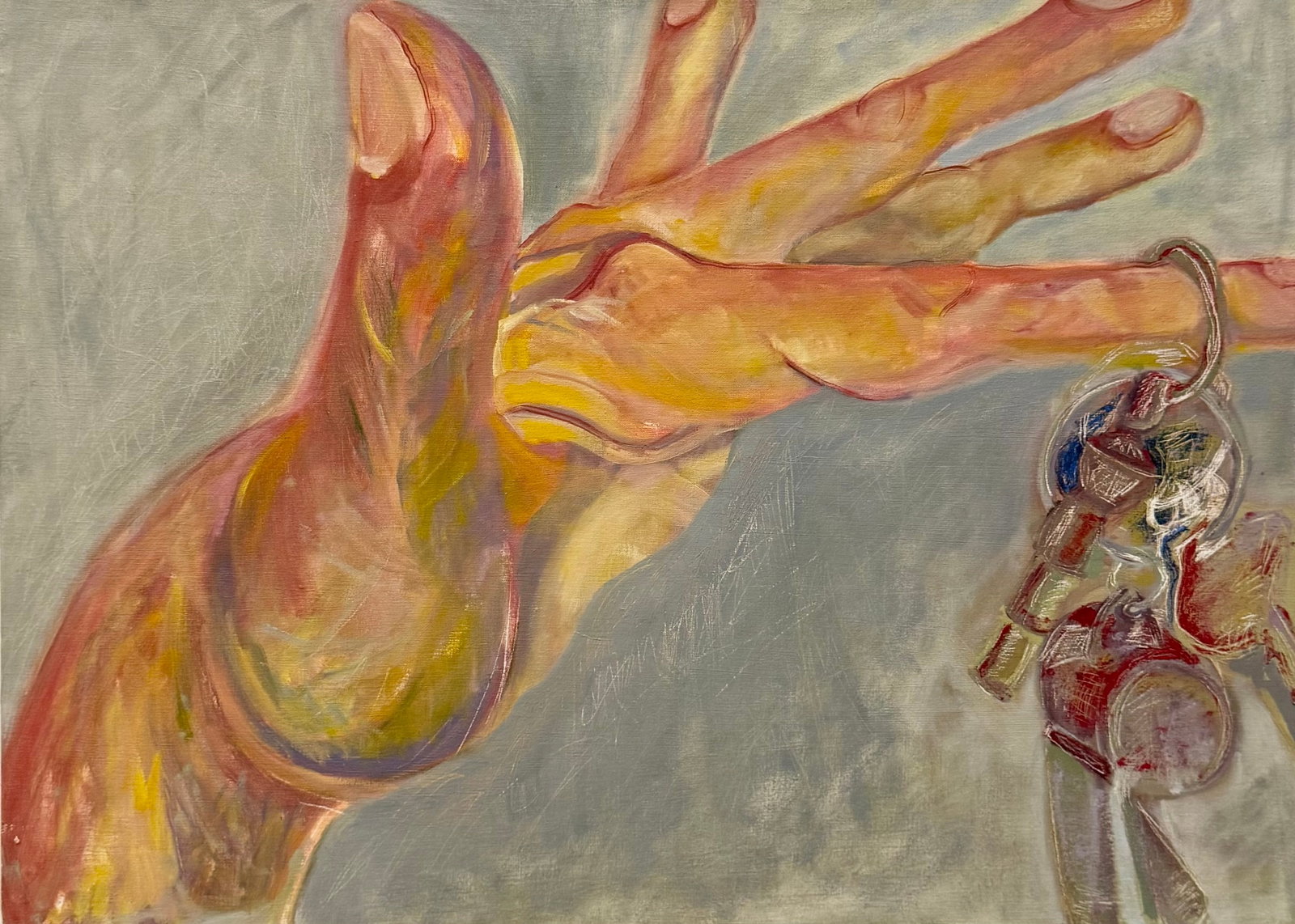 Vintage 1980's American Modernism Hand Dangling Whistles Signed Verso: Oil on canvas 30 x 21 3/4 in