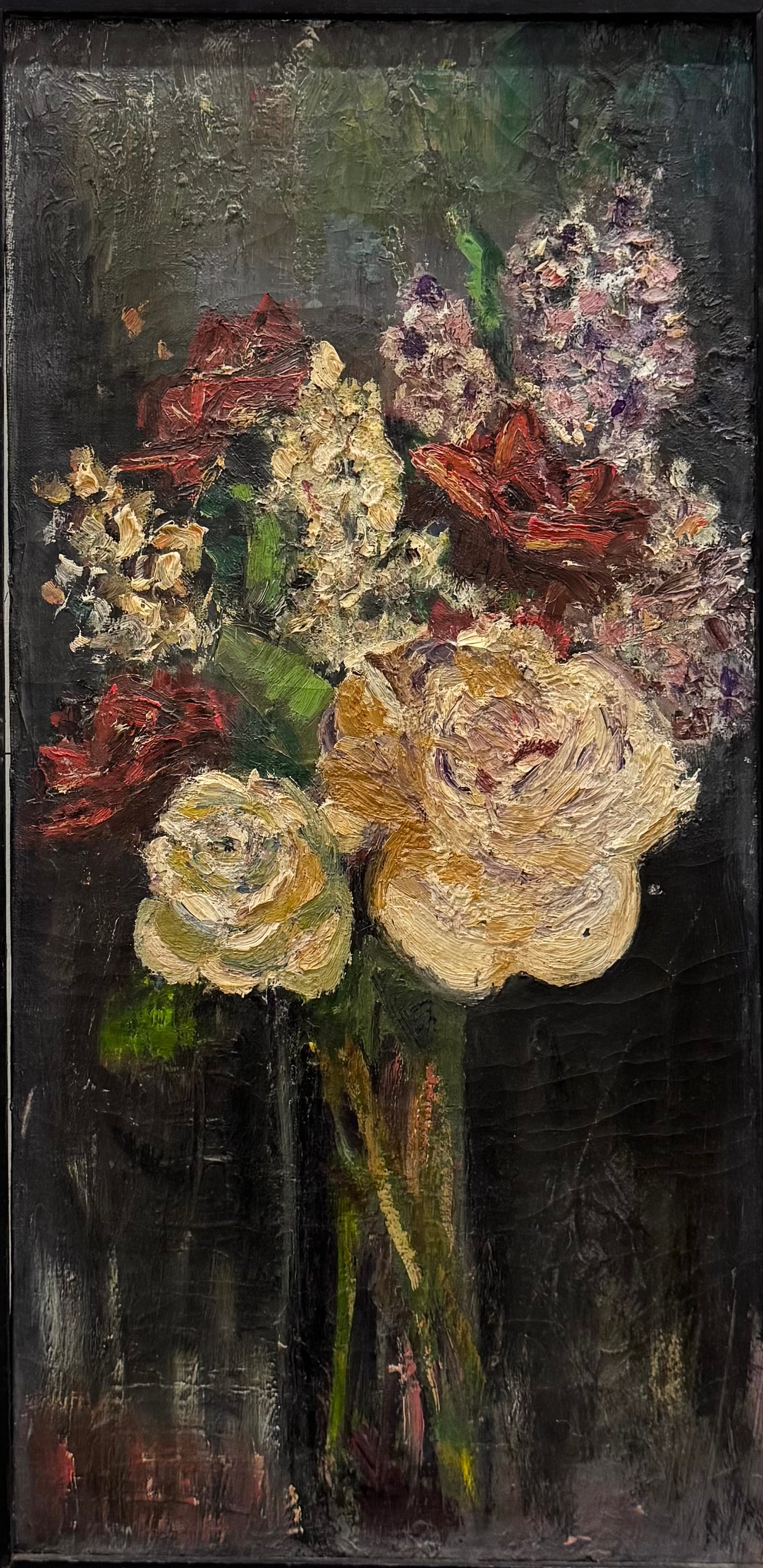 Antique American School Still Impressionist Life Of Flowers Heavy Impasto: Oil on canvas 24 x 12 in