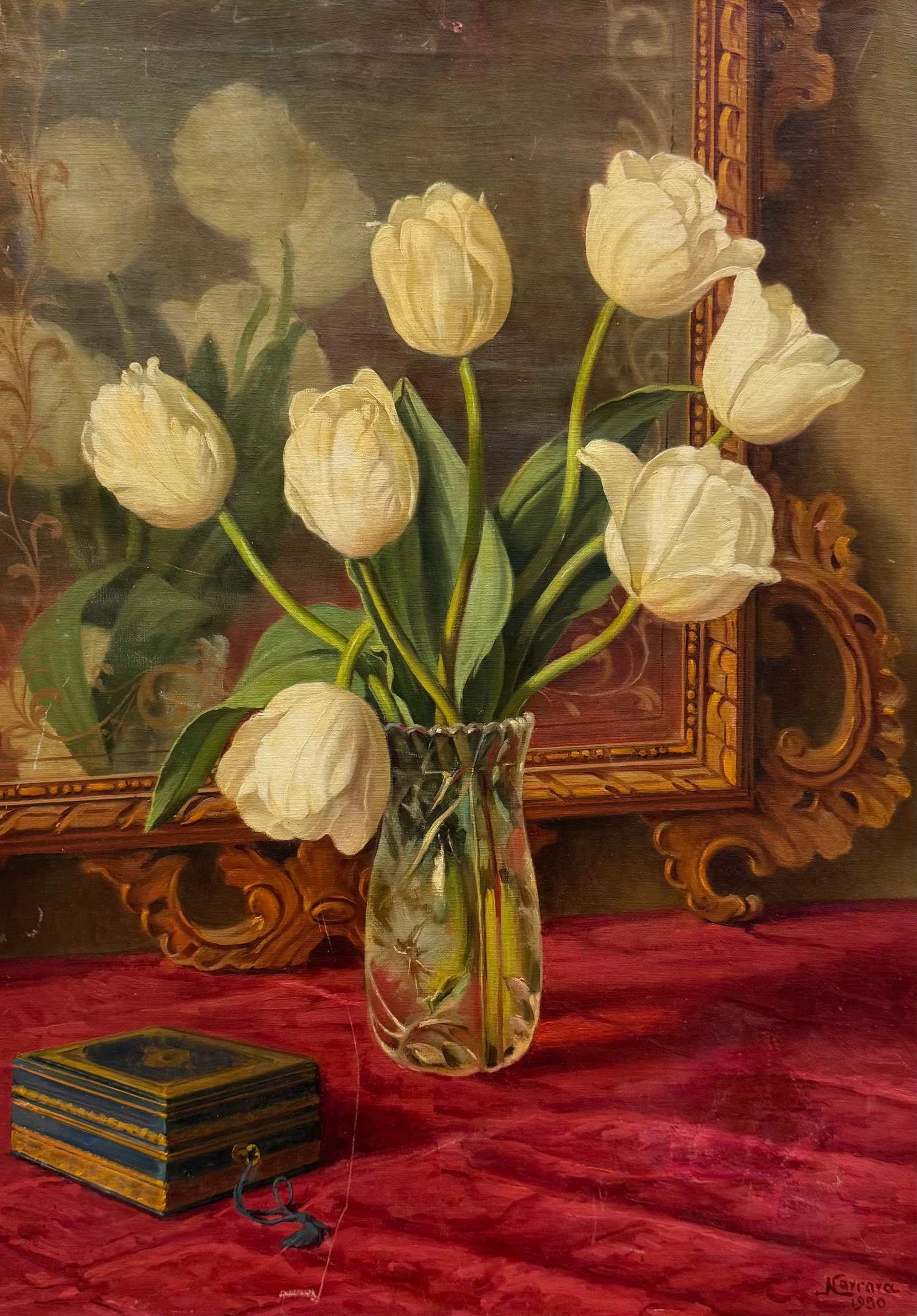 Vintage Italian School Still Life Of Flowers Signed Lower Right: Oil on canvas 27.5 x 20 in