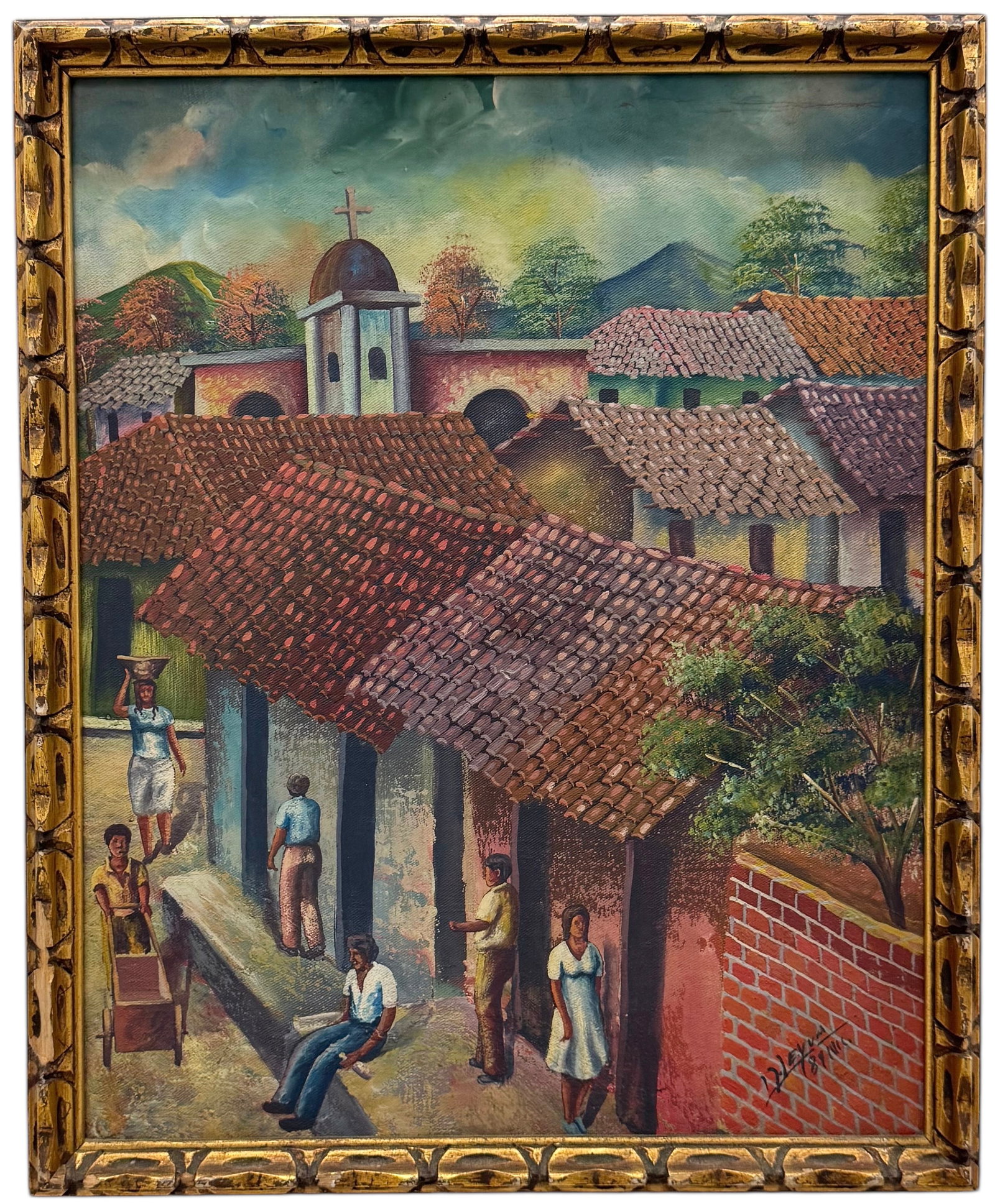Vintage Nicaraguan Street Scene, Signed: Oil on board 20.5 x 16,5 in (framed)