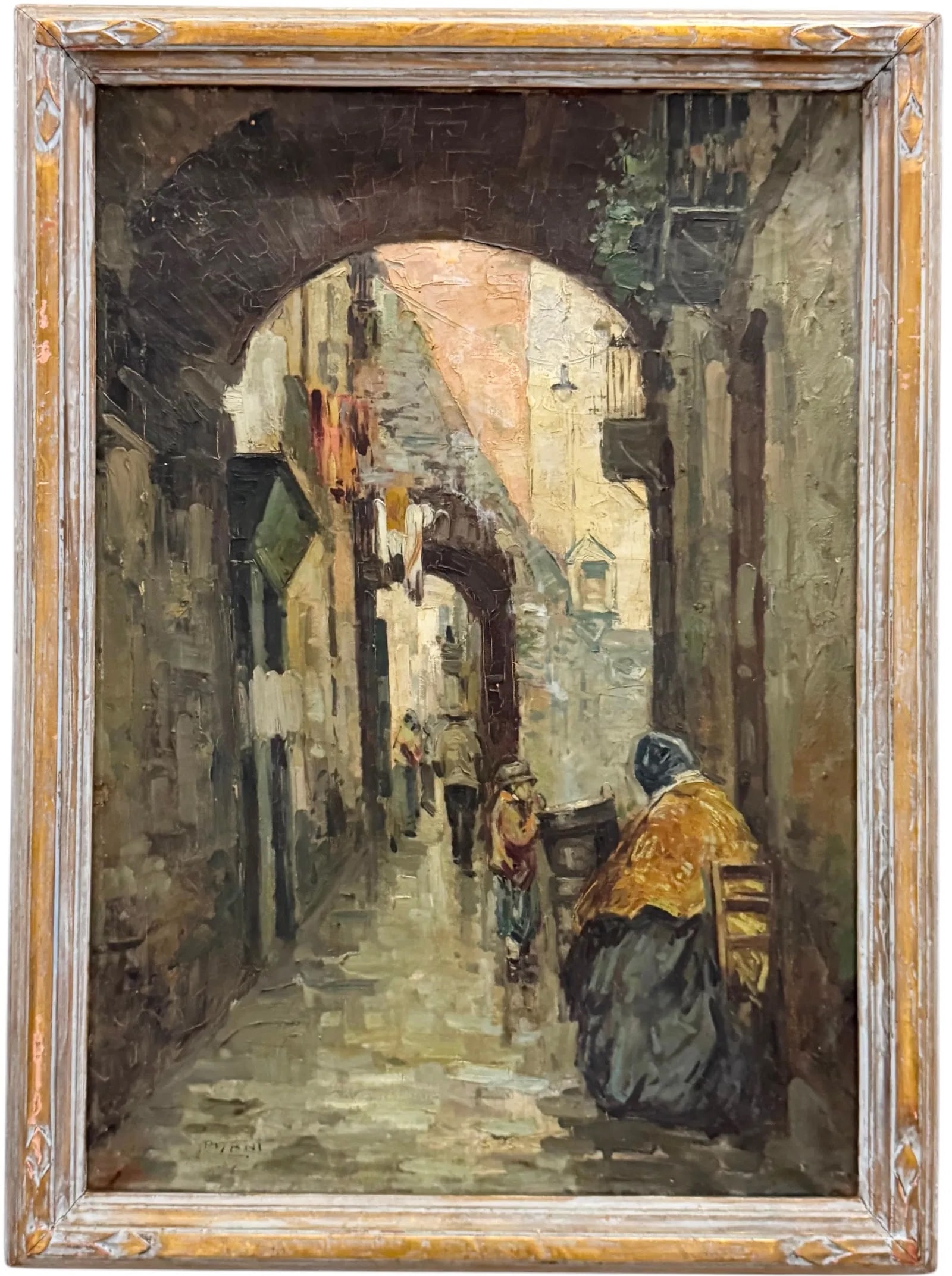 GUSTAVO PISANI (1877-1948, Italian) Naples, Italy Street Scene, Beautiful Frame: Oil on canvas 27 x 19.5 in, 31 x 23 in (framed)