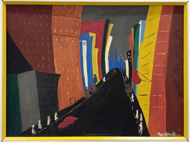 American School WPA Modernist City Scene Of New York City Signed Illegibly Lower Right