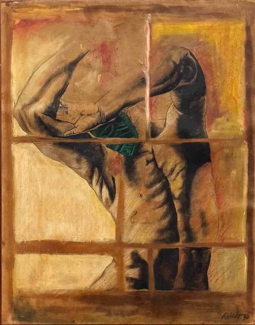 1930's Surrealist Masked Male Nude Mixed Media Painting Illegibly Signed: Mixed media on paper 22 3/4 x 17 3/4 in, 40 x 35 in (framed)
