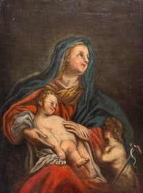 European School Old Master Oil On Canvas Madonna & Child